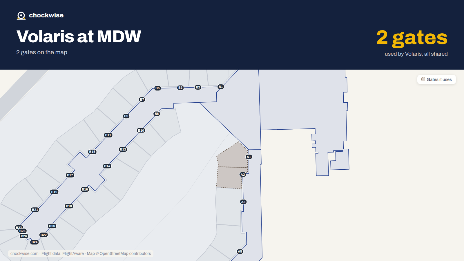 Map of MDW with the gates Volaris uses highlighted: A1 and A2.