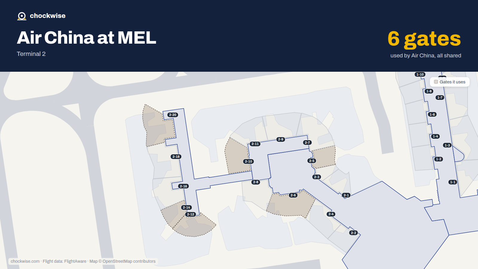 Map of MEL with the gates Air China uses highlighted: 2-5, 2-6, 2-10, 2-12, 2-14 and 2-20.
