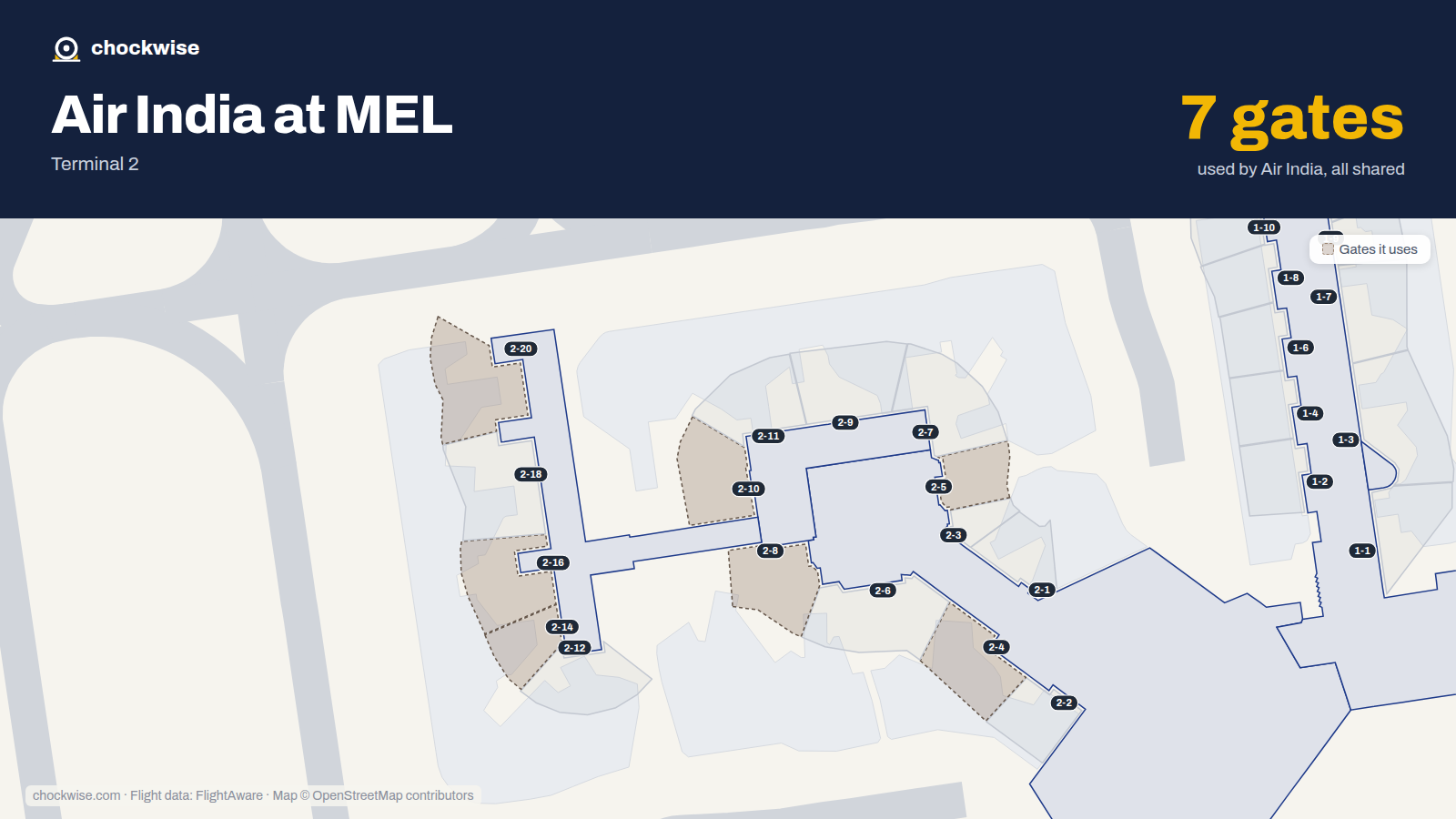 Map of MEL with the gates Air India uses highlighted: 2-4, 2-5, 2-8, 2-10, 2-14, 2-16 and 2-20.
