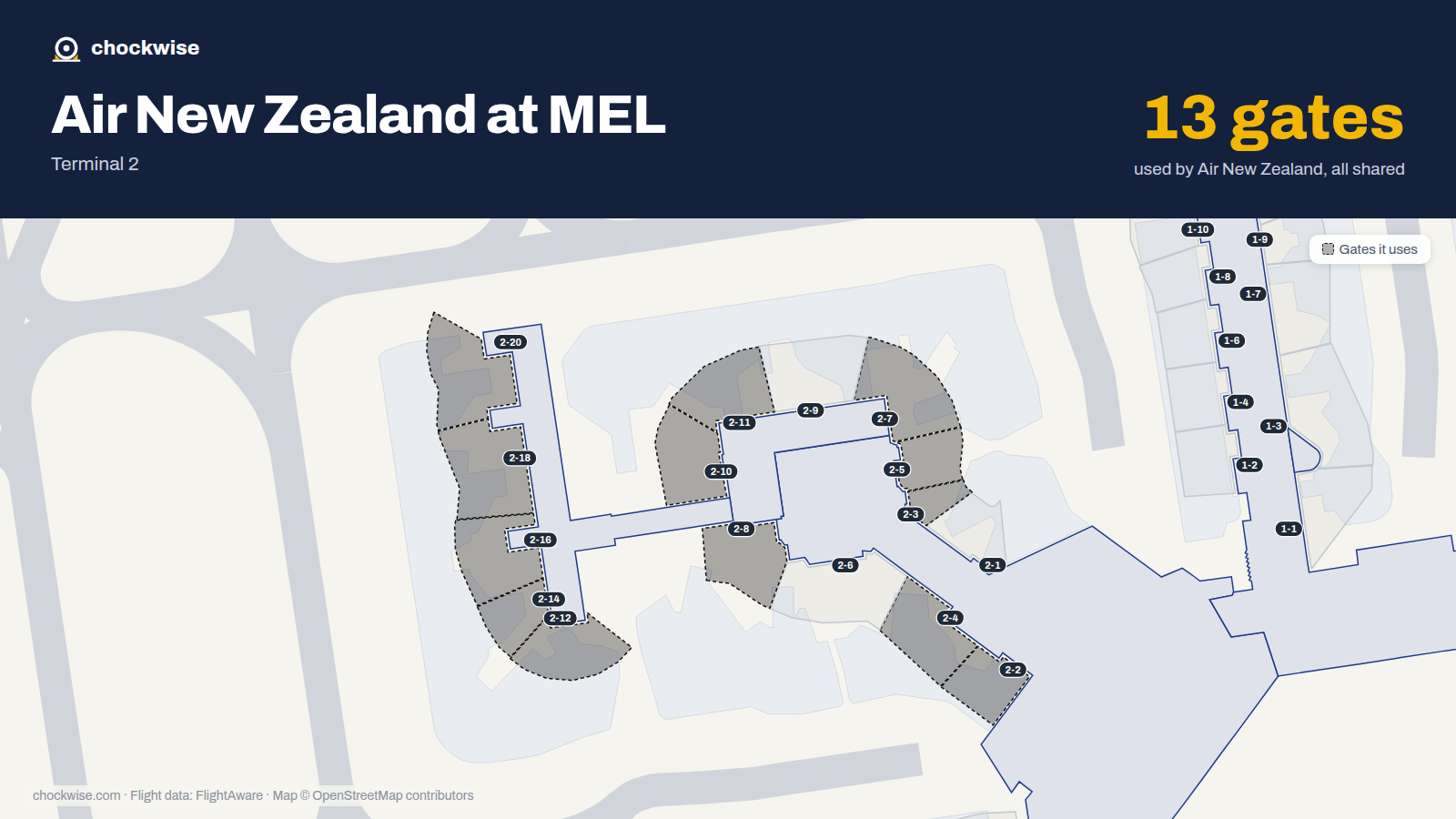 Map of MEL with the gates Air New Zealand uses highlighted: 2-2, 2-3, 2-4, 2-5, 2-7, 2-8, 2-10, 2-11 and 5 more.
