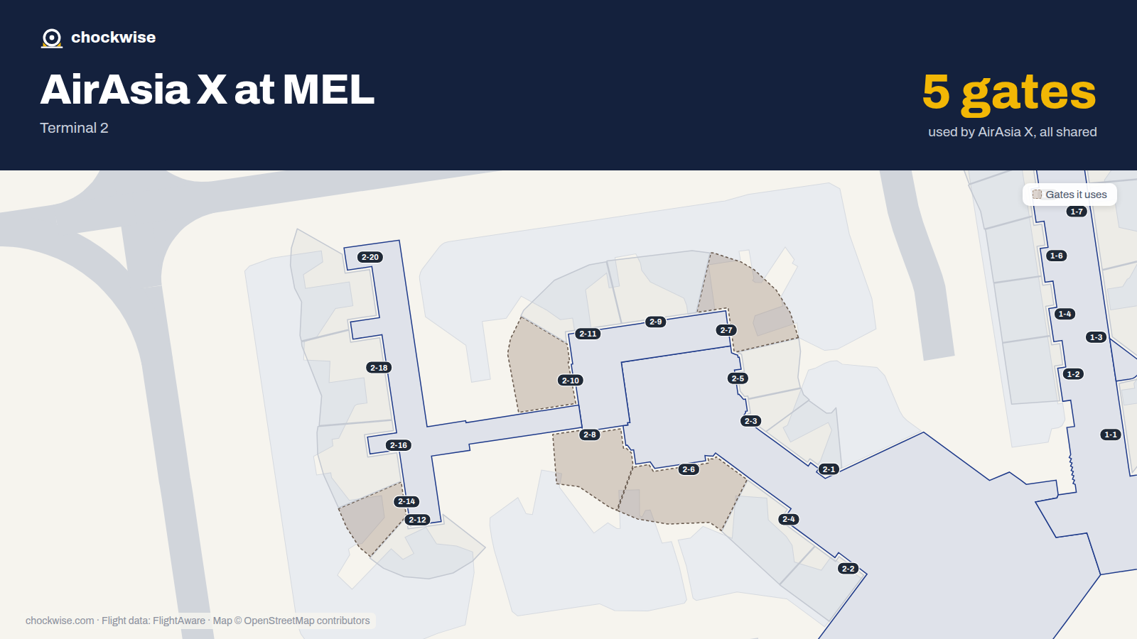 Map of MEL with the gates AirAsia X uses highlighted: 2-6, 2-7, 2-8, 2-10 and 2-14.