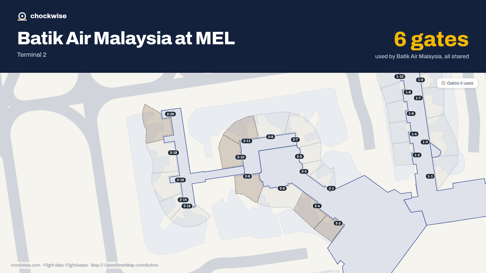 Map of MEL with the gates Batik Air Malaysia uses highlighted: 2-2, 2-4, 2-8, 2-10, 2-11 and 2-20.