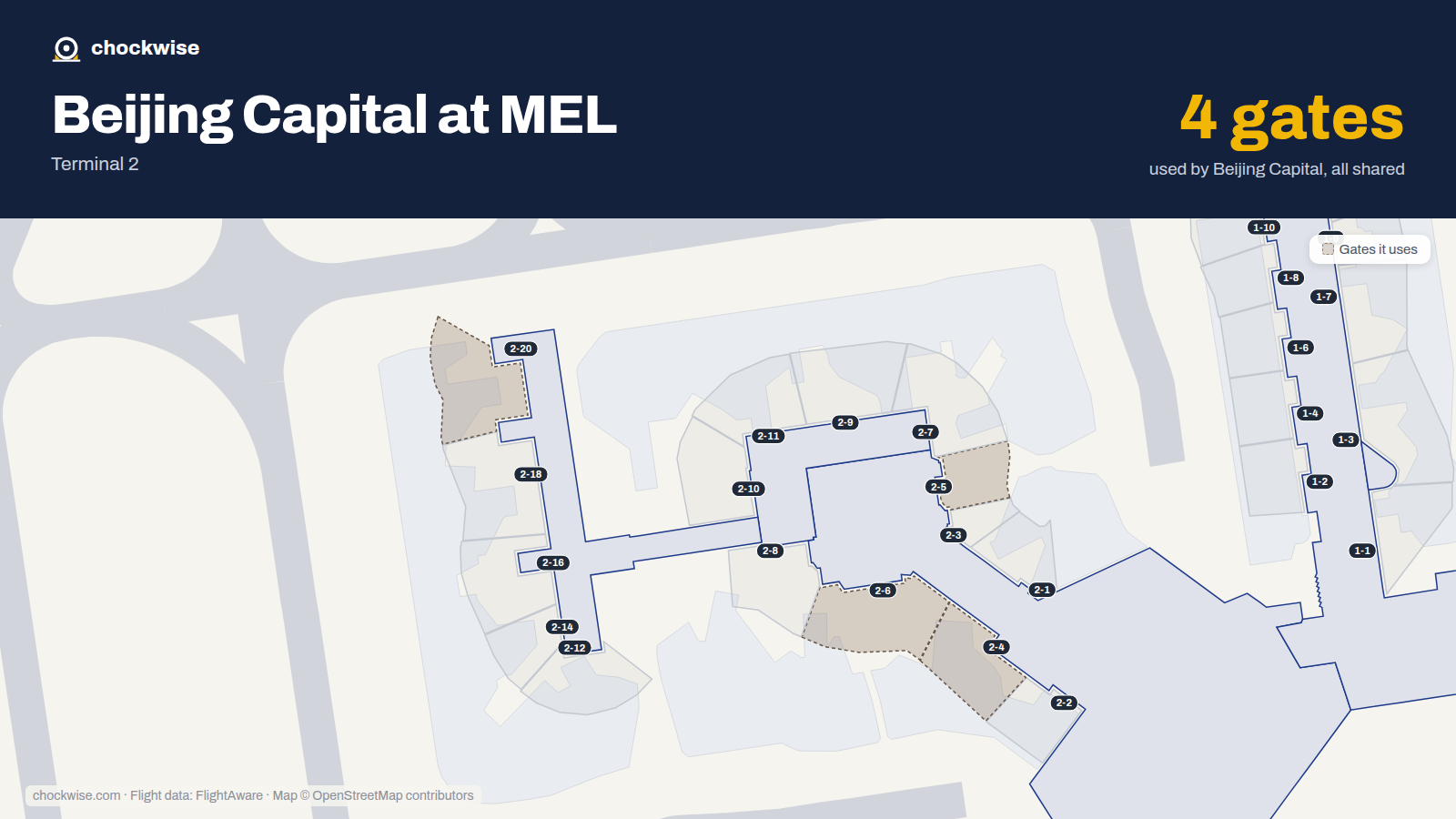 Map of MEL with the gates Beijing Capital Airlines uses highlighted: 2-4, 2-5, 2-6 and 2-20.