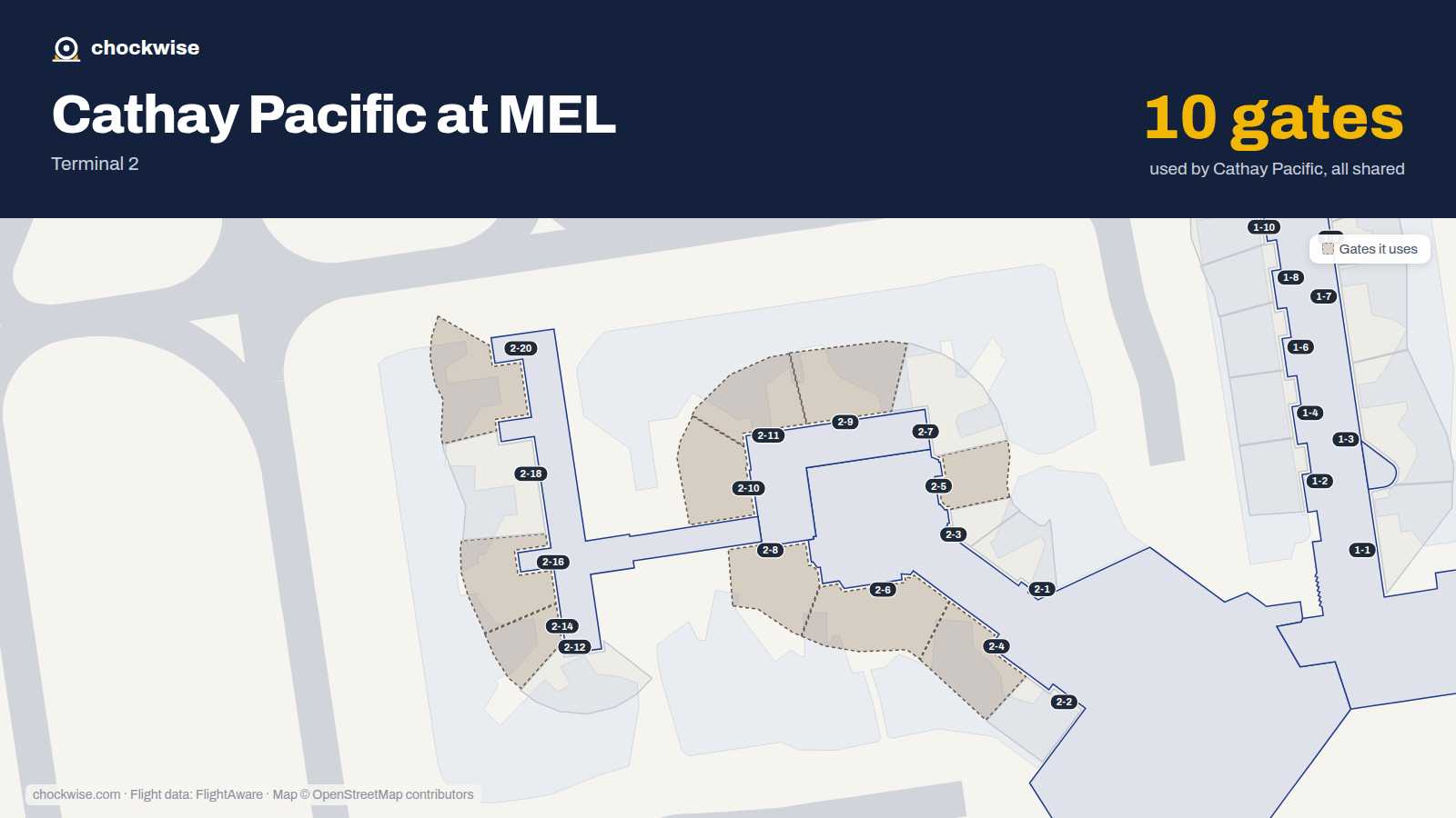 Map of MEL with the gates Cathay Pacific uses highlighted: 2-4, 2-5, 2-6, 2-8, 2-9, 2-10, 2-11, 2-14 and 2 more.