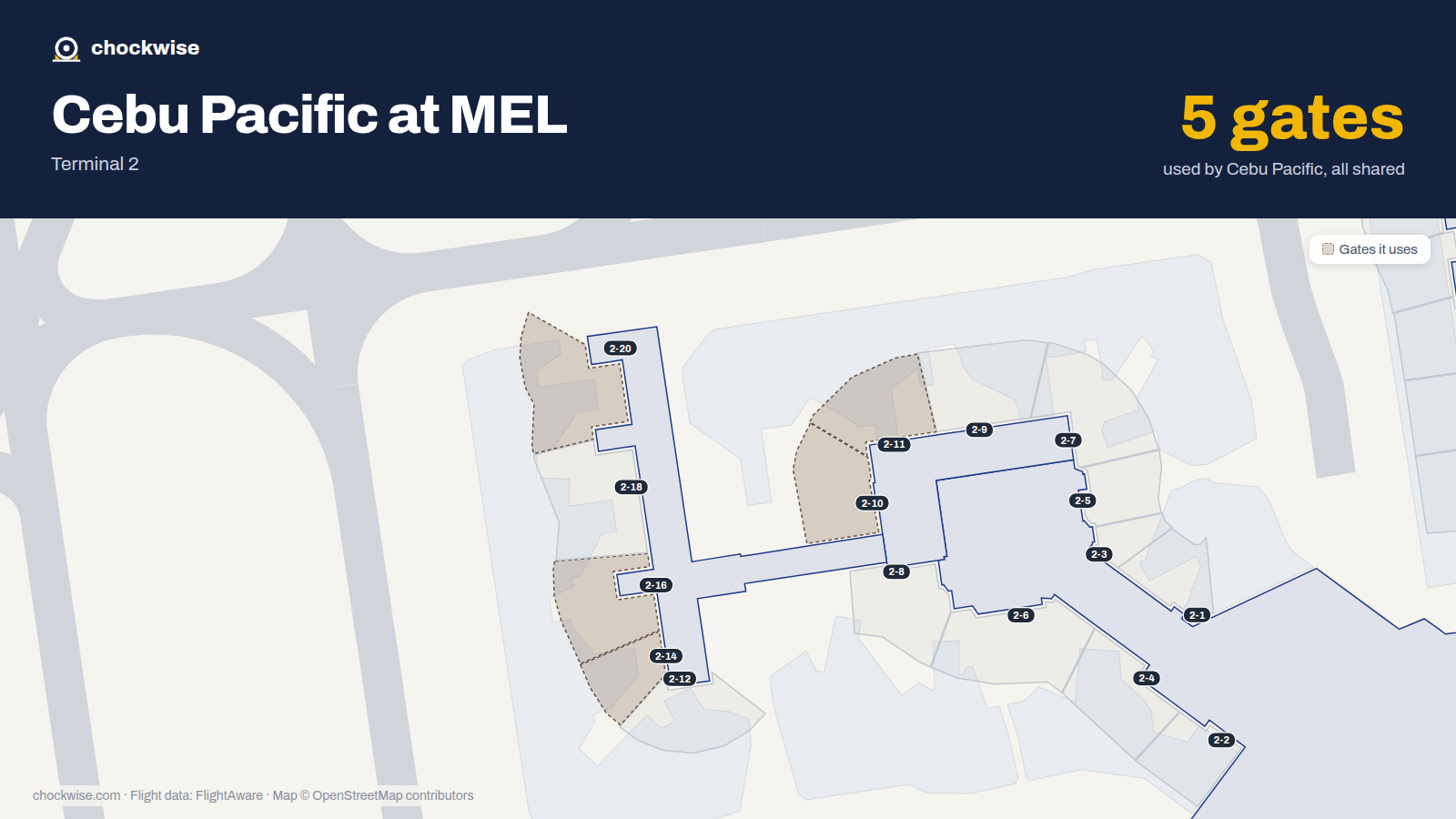 Map of MEL with the gates Cebu Pacific uses highlighted: 2-10, 2-11, 2-14, 2-16 and 2-20.