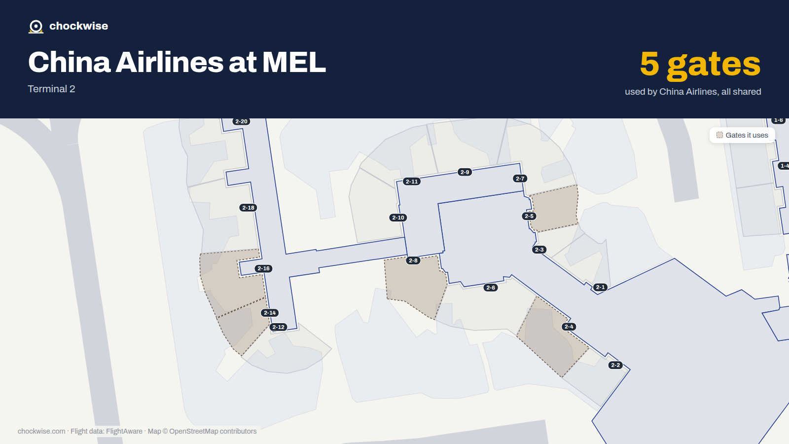 Map of MEL with the gates China Airlines uses highlighted: 2-4, 2-5, 2-8, 2-14 and 2-16.