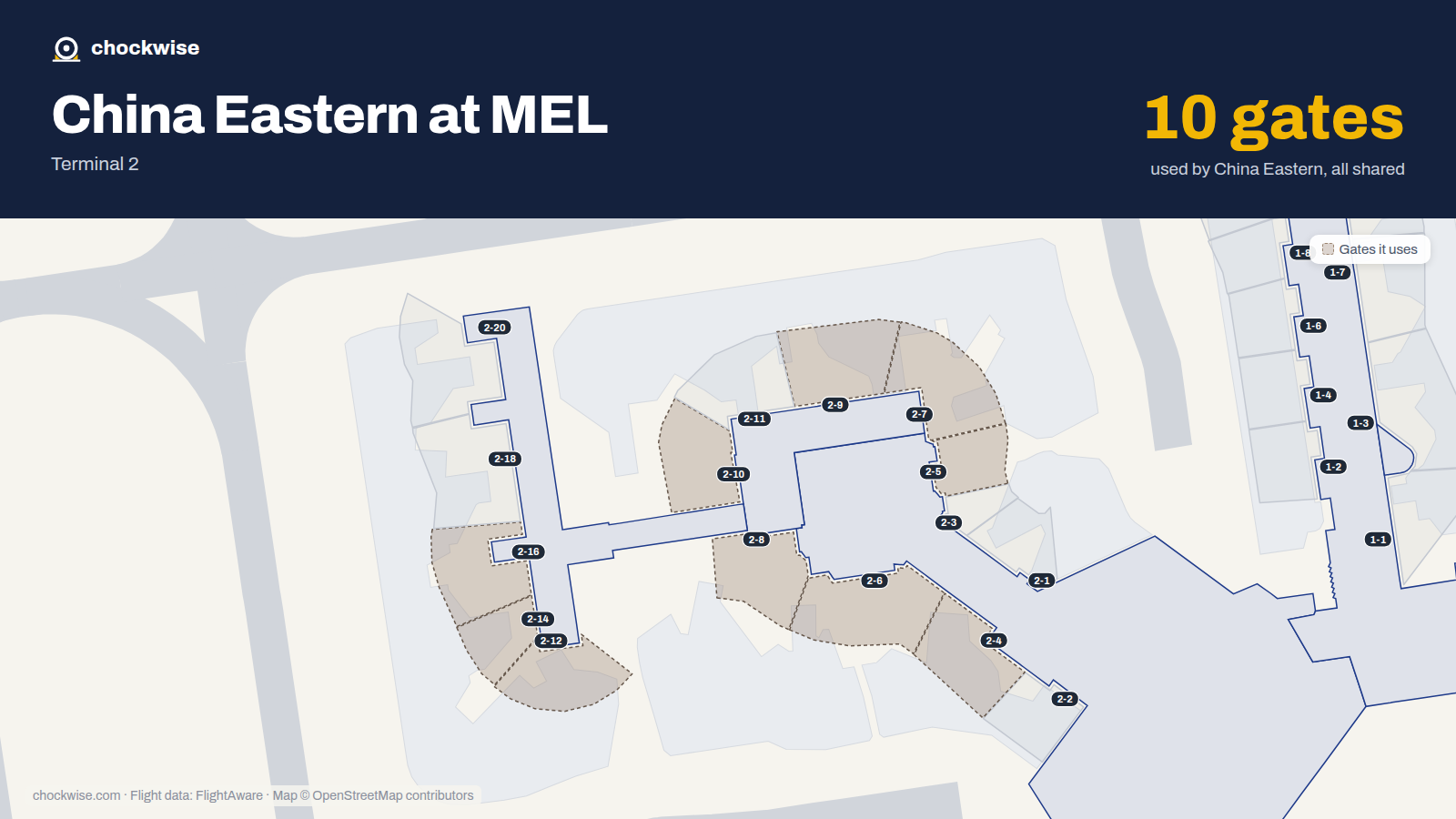 Map of MEL with the gates China Eastern uses highlighted: 2-4, 2-5, 2-6, 2-7, 2-8, 2-9, 2-10, 2-12 and 2 more.