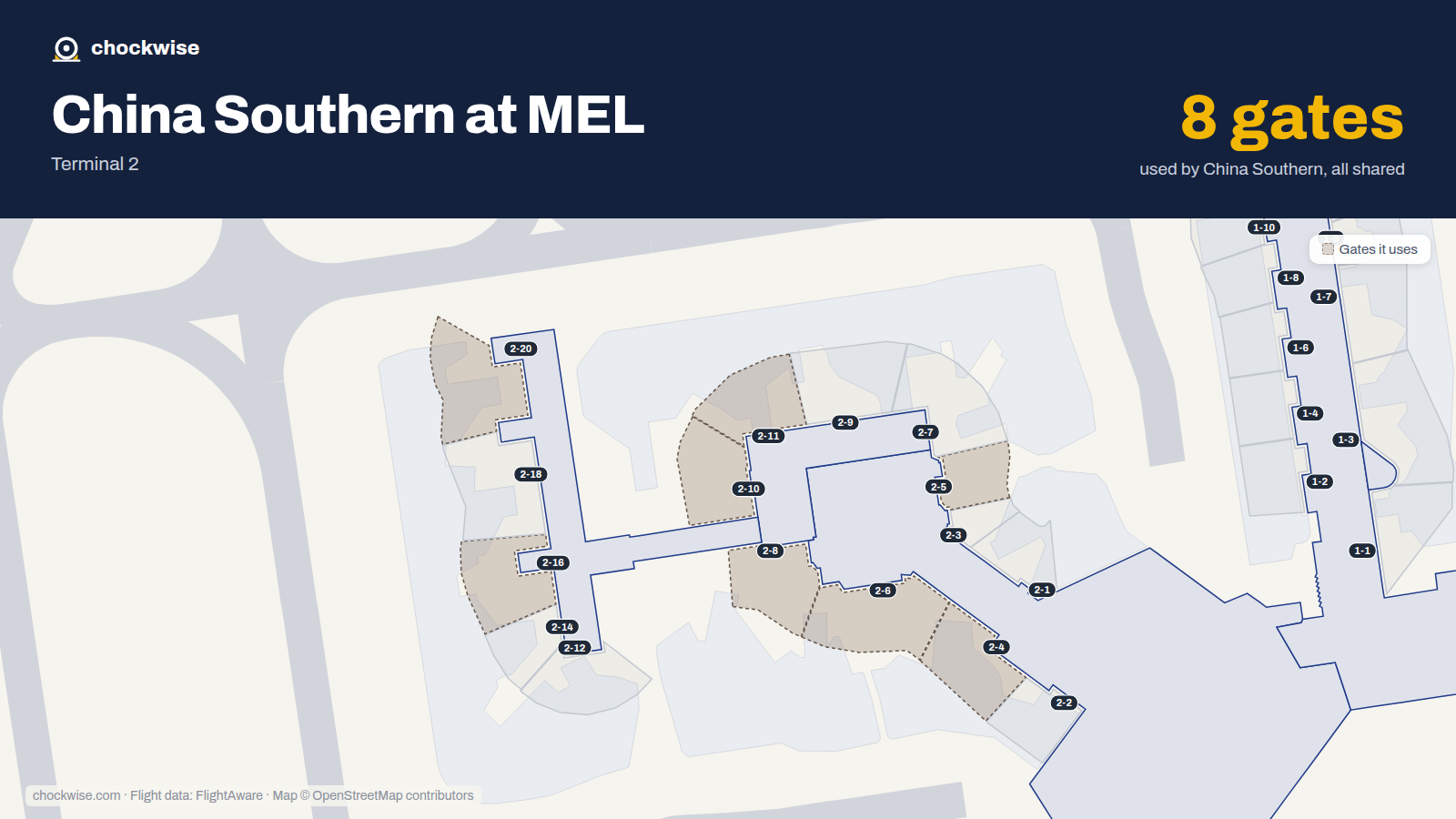 Map of MEL with the gates China Southern uses highlighted: 2-4, 2-5, 2-6, 2-8, 2-10, 2-11, 2-16 and 2-20.