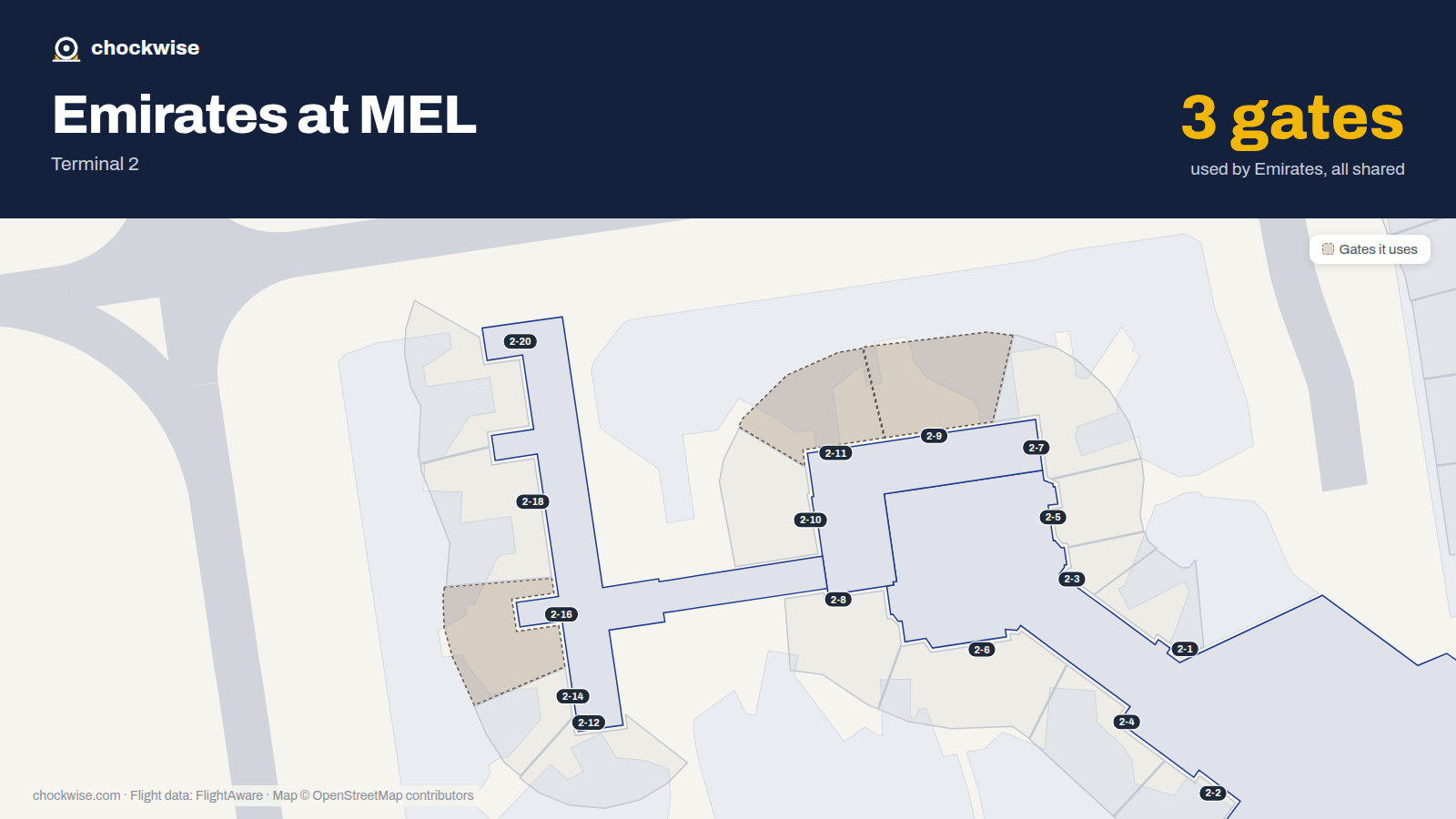 Map of MEL with the gates Emirates uses highlighted: 2-9, 2-11 and 2-16.