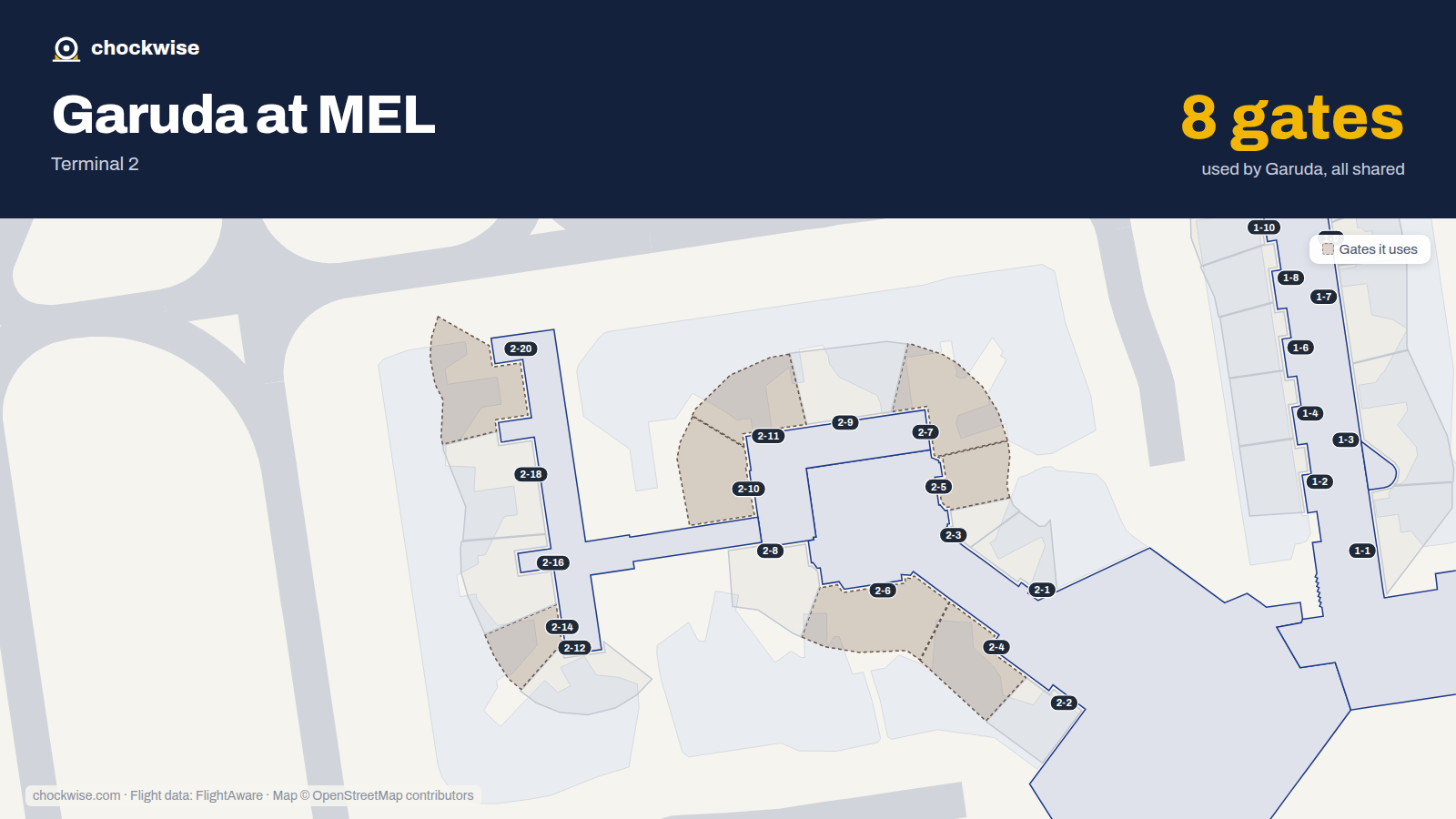 Map of MEL with the gates Garuda Indonesia uses highlighted: 2-4, 2-5, 2-6, 2-7, 2-10, 2-11, 2-14 and 2-20.