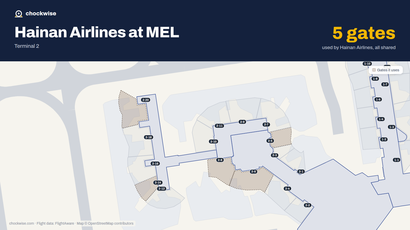 Map of MEL with the gates Hainan Airlines uses highlighted: 2-5, 2-6, 2-8, 2-14 and 2-20.