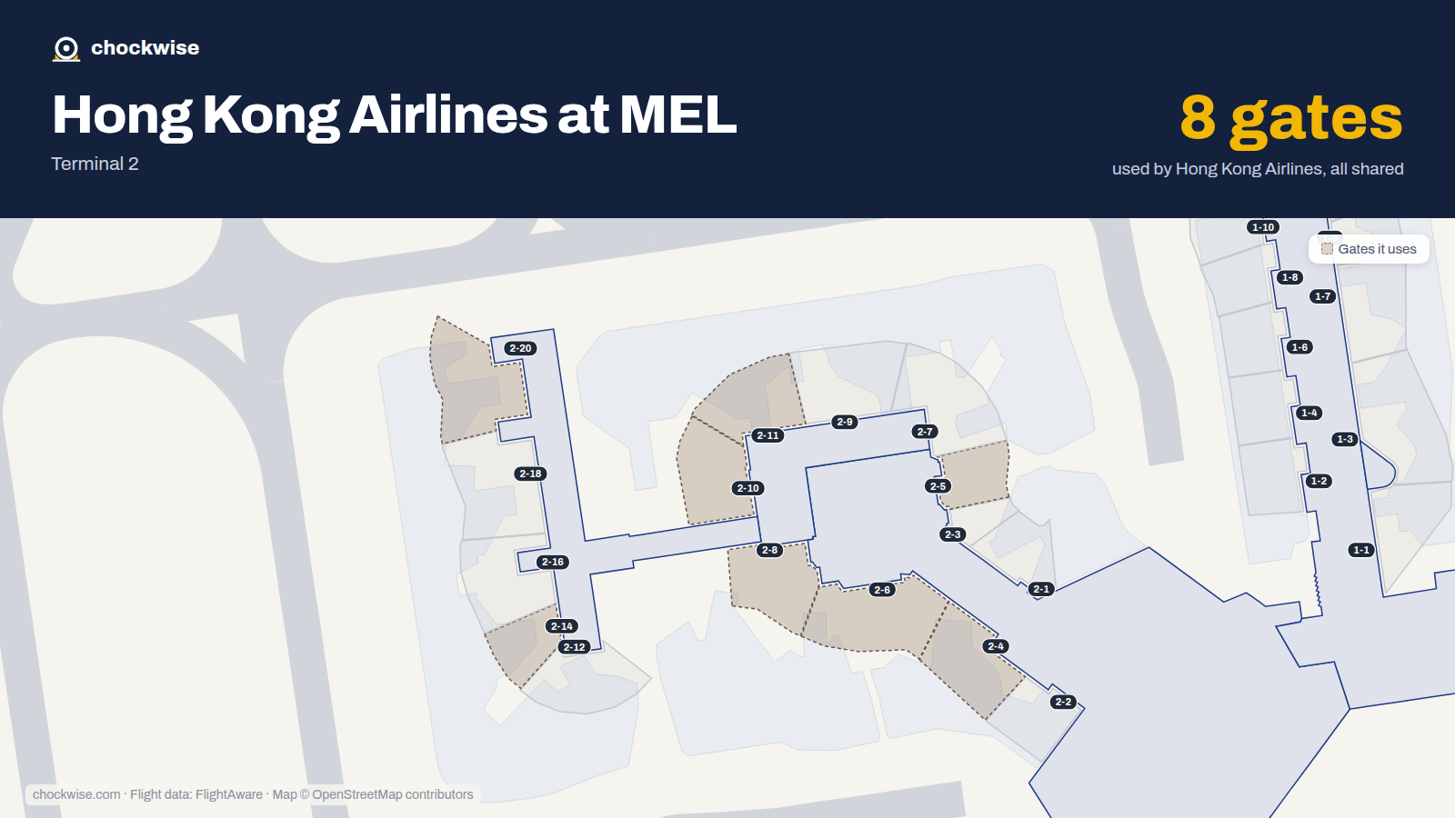 Map of MEL with the gates Hong Kong Airlines uses highlighted: 2-4, 2-5, 2-6, 2-8, 2-10, 2-11, 2-14 and 2-20.