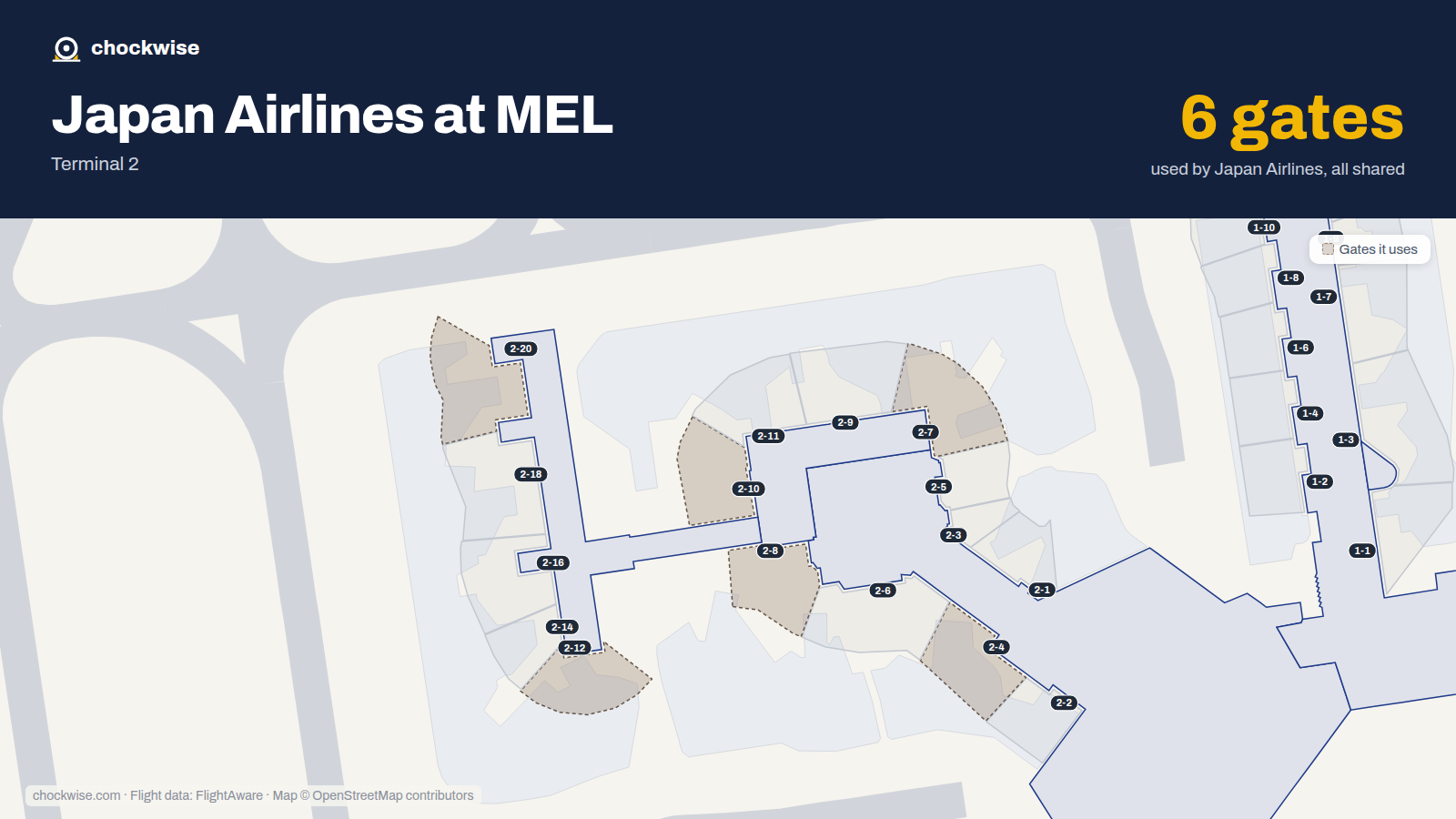 Map of MEL with the gates Japan Airlines uses highlighted: 2-4, 2-7, 2-8, 2-10, 2-12 and 2-20.