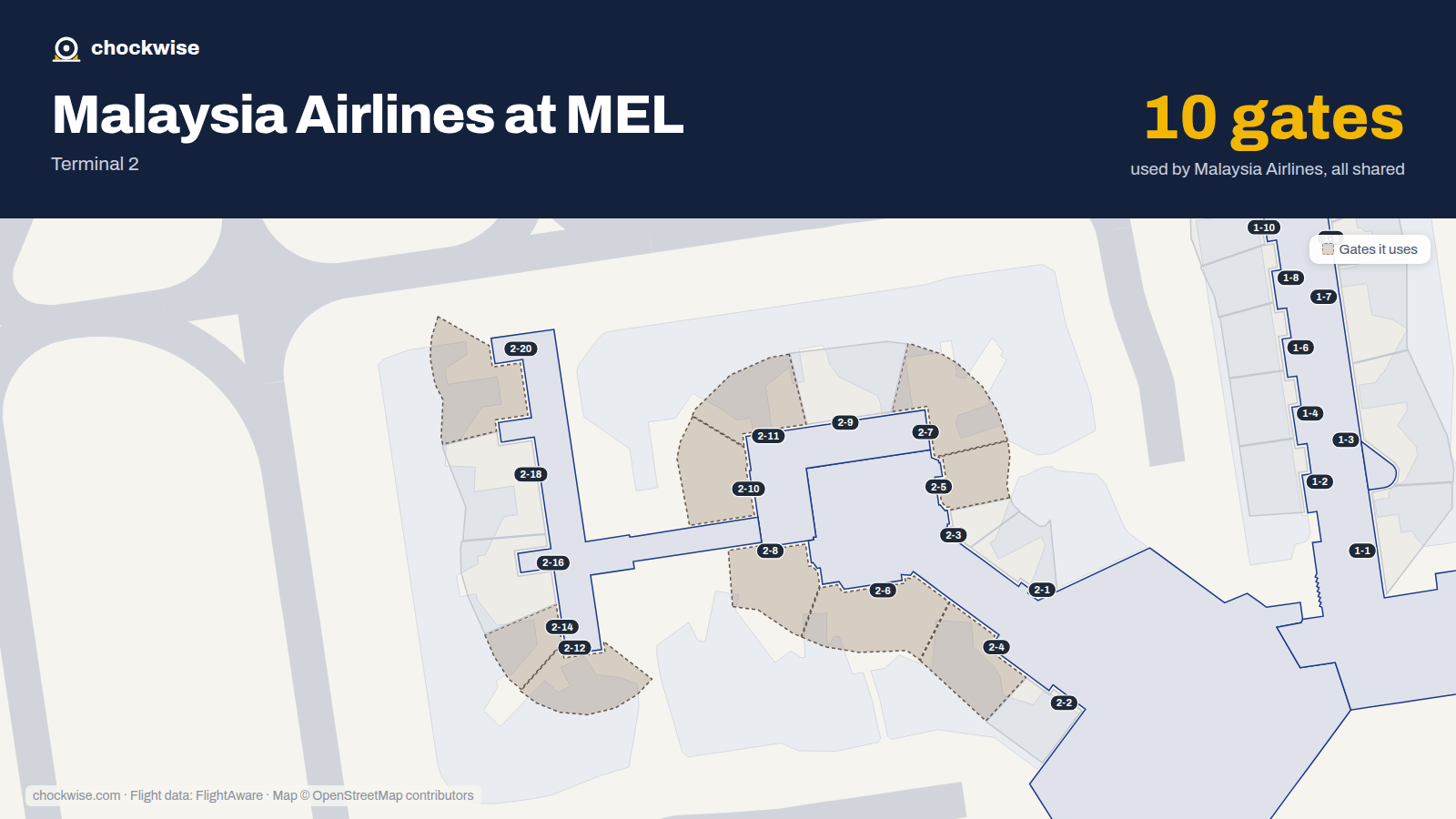 Map of MEL with the gates Malaysia Airlines uses highlighted: 2-4, 2-5, 2-6, 2-7, 2-8, 2-10, 2-11, 2-12 and 2 more.