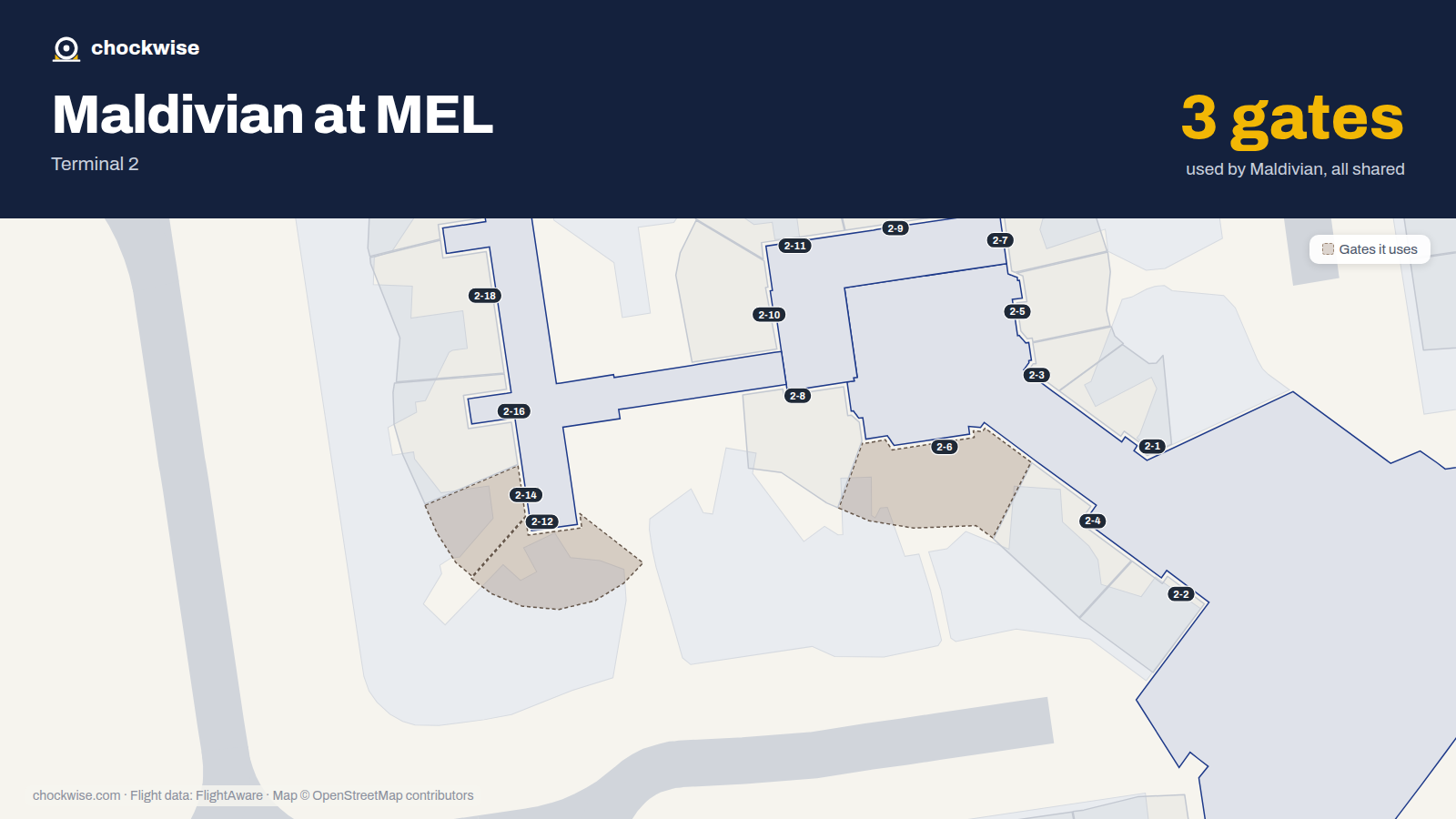 Map of MEL with the gates Maldivian uses highlighted: 2-6, 2-12 and 2-14.