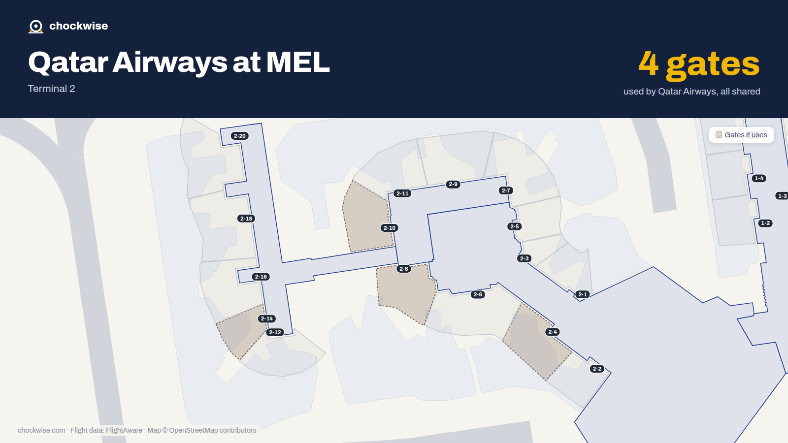 Map of MEL with the gates Qatar Airways uses highlighted: 2-4, 2-8, 2-10 and 2-14.