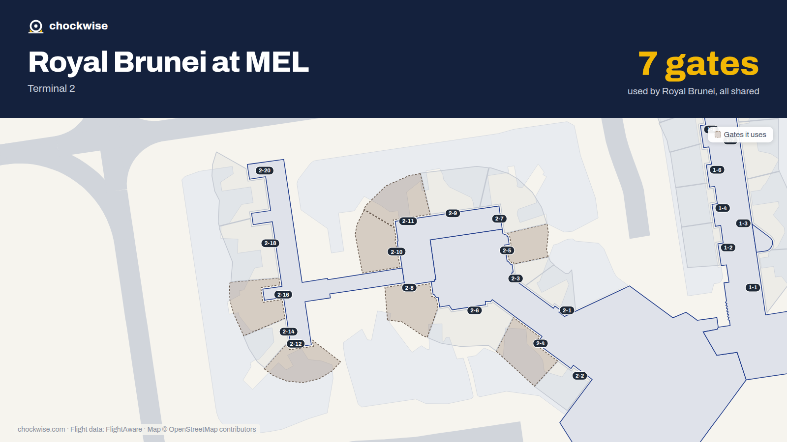 Map of MEL with the gates Royal Brunei Airlines uses highlighted: 2-4, 2-5, 2-8, 2-10, 2-11, 2-12 and 2-16.
