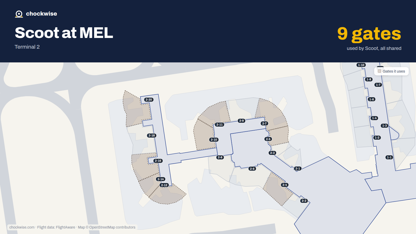Map of MEL with the gates Scoot uses highlighted: 2-4, 2-5, 2-7, 2-10, 2-11, 2-12, 2-14, 2-16 and 1 more.