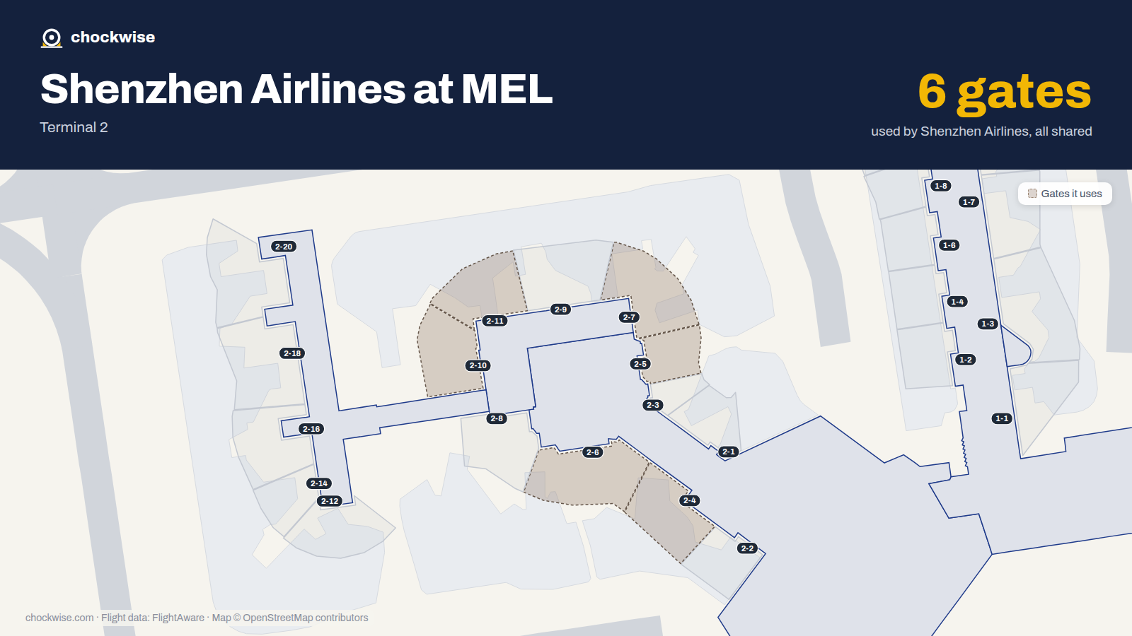 Map of MEL with the gates Shenzhen Airlines uses highlighted: 2-4, 2-5, 2-6, 2-7, 2-10 and 2-11.
