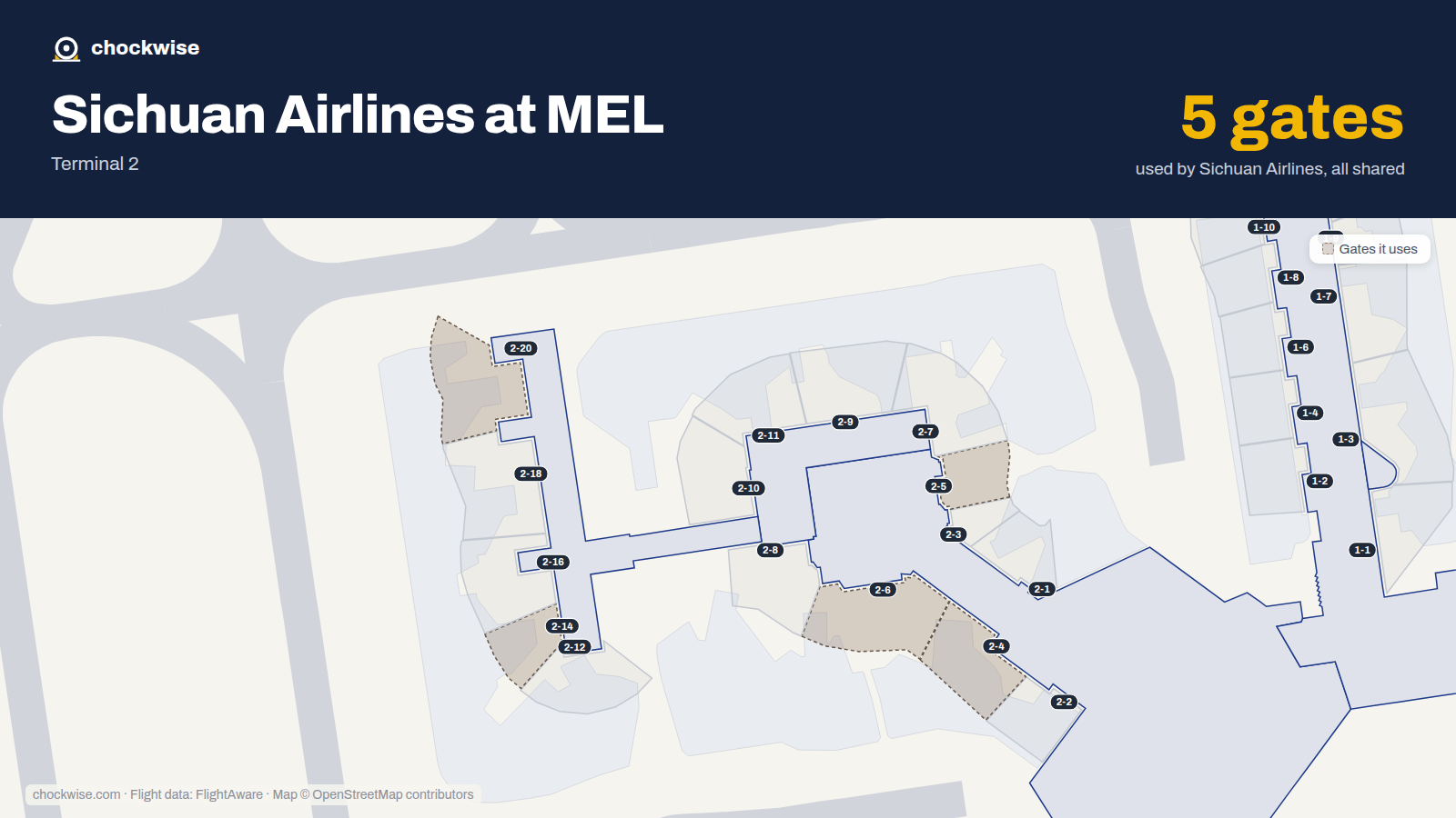 Map of MEL with the gates Sichuan Airlines uses highlighted: 2-4, 2-5, 2-6, 2-14 and 2-20.