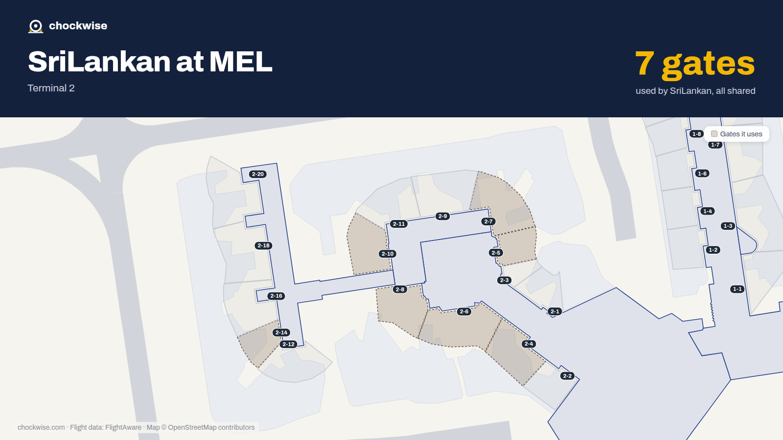 Map of MEL with the gates SriLankan Airlines uses highlighted: 2-4, 2-5, 2-6, 2-7, 2-8, 2-10 and 2-14.