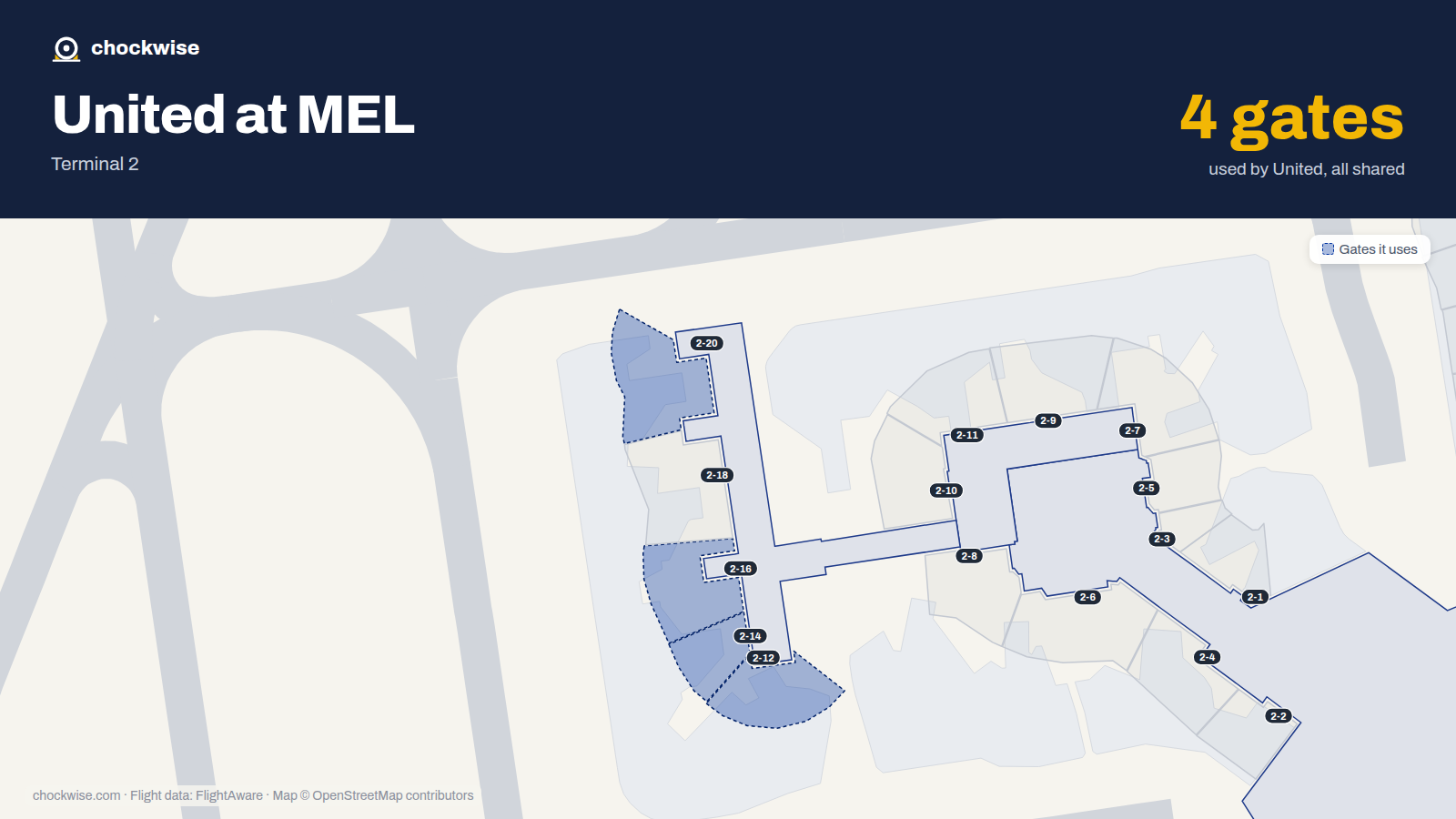 Map of MEL with the gates United Airlines uses highlighted: 2-12, 2-14, 2-16 and 2-20.