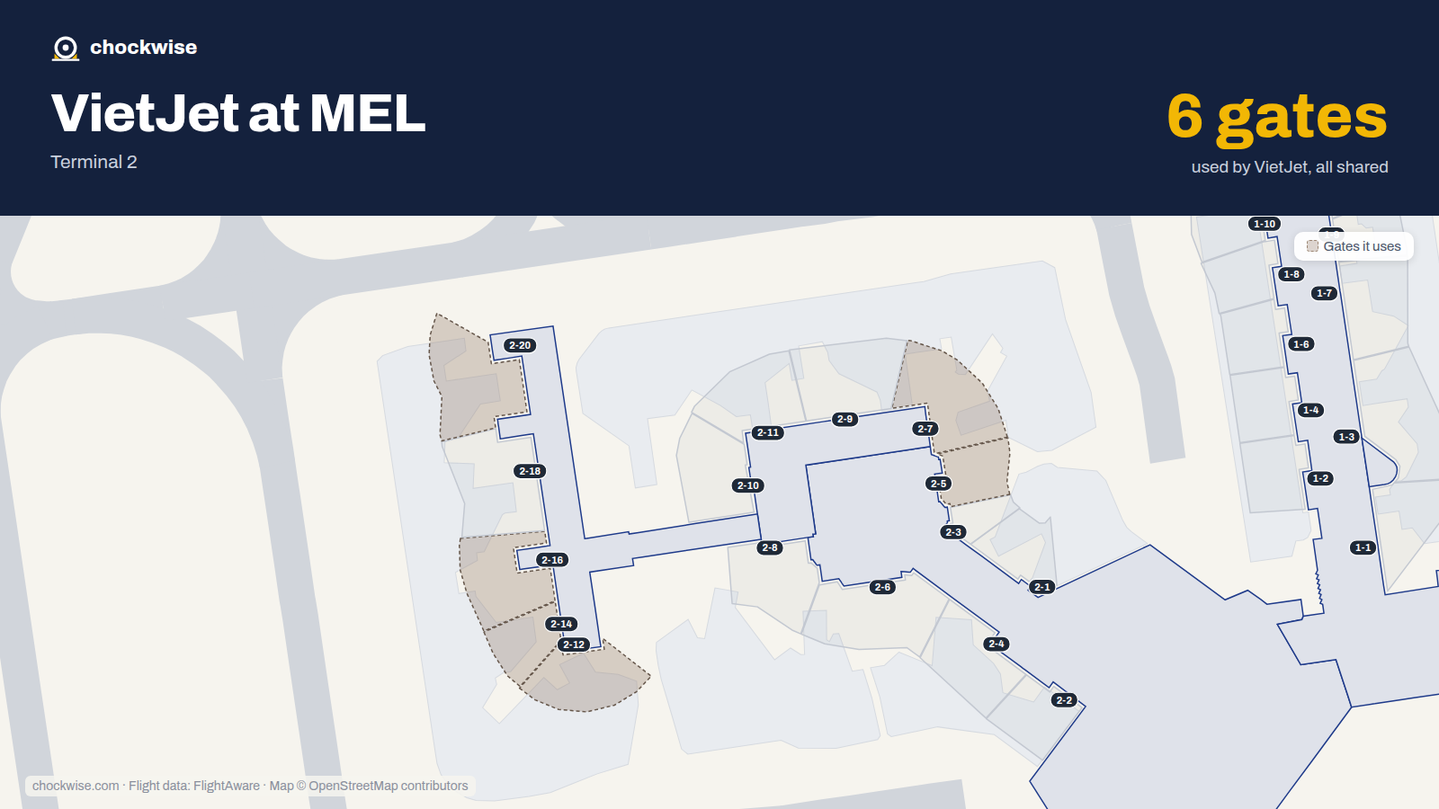 Map of MEL with the gates VietJet Air uses highlighted: 2-5, 2-7, 2-12, 2-14, 2-16 and 2-20.