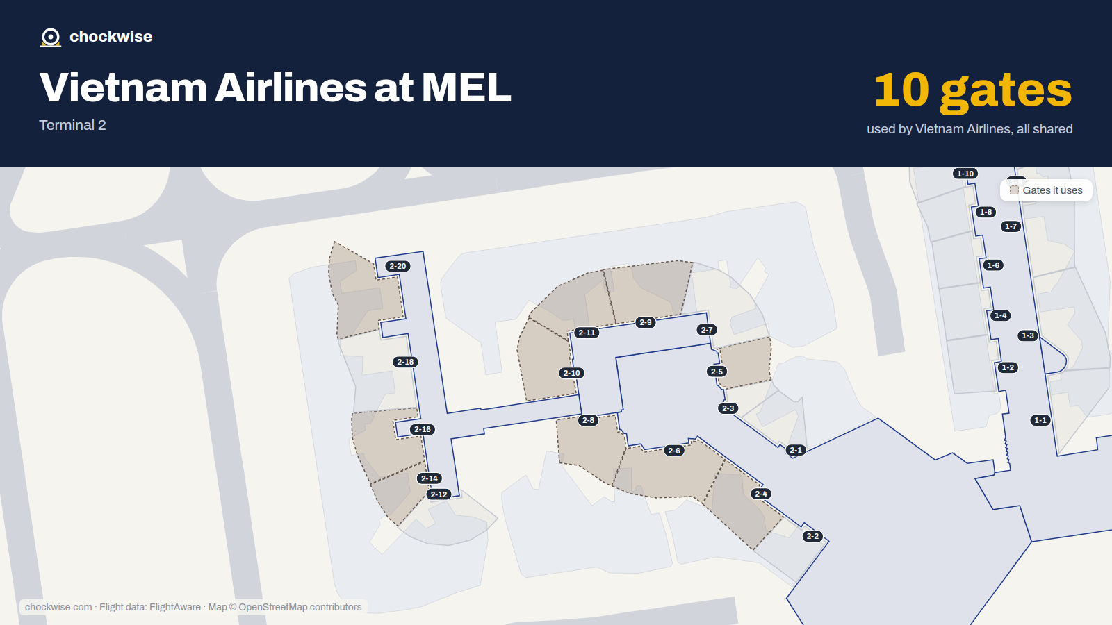 Map of MEL with the gates Vietnam Airlines uses highlighted: 2-4, 2-5, 2-6, 2-8, 2-9, 2-10, 2-11, 2-14 and 2 more.