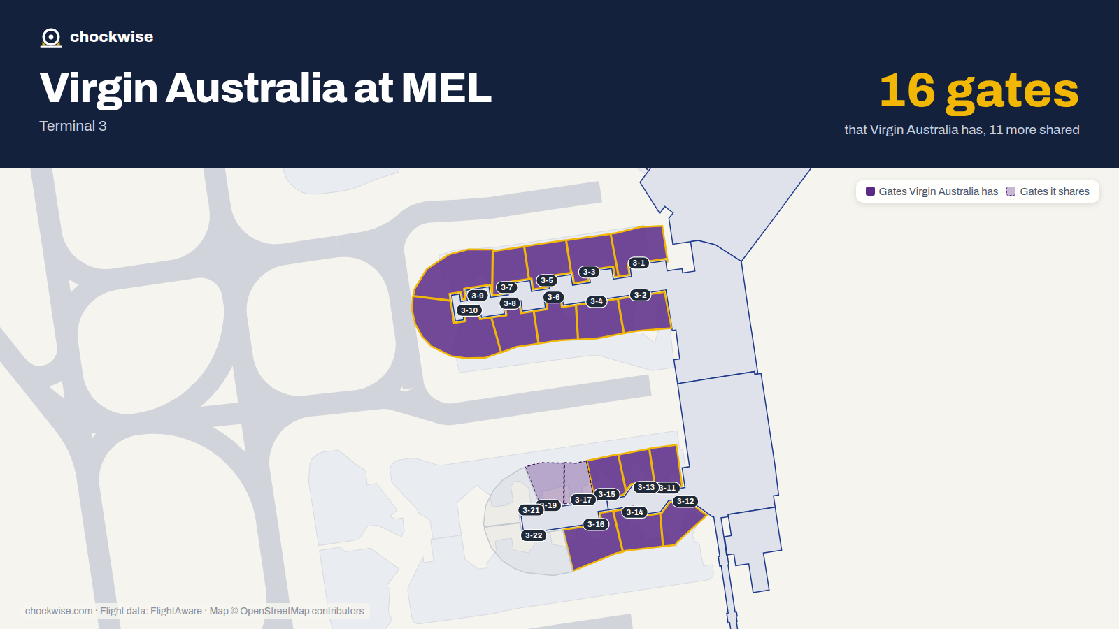 Map of MEL with the gates Virgin Australia uses highlighted: 3-1, 3-2, 3-3, 3-4, 3-5, 3-6, 3-7, 3-8 and 8 more.