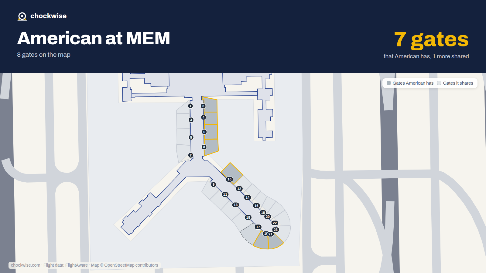 Map of MEM with the gates American Airlines uses highlighted: 2, 4, 6, 8, 10, 19 and 21.