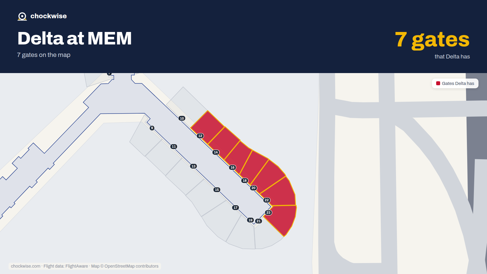 Map of MEM with the gates Delta Air Lines uses highlighted: 12, 14, 16, 18, 20, 22 and 23.