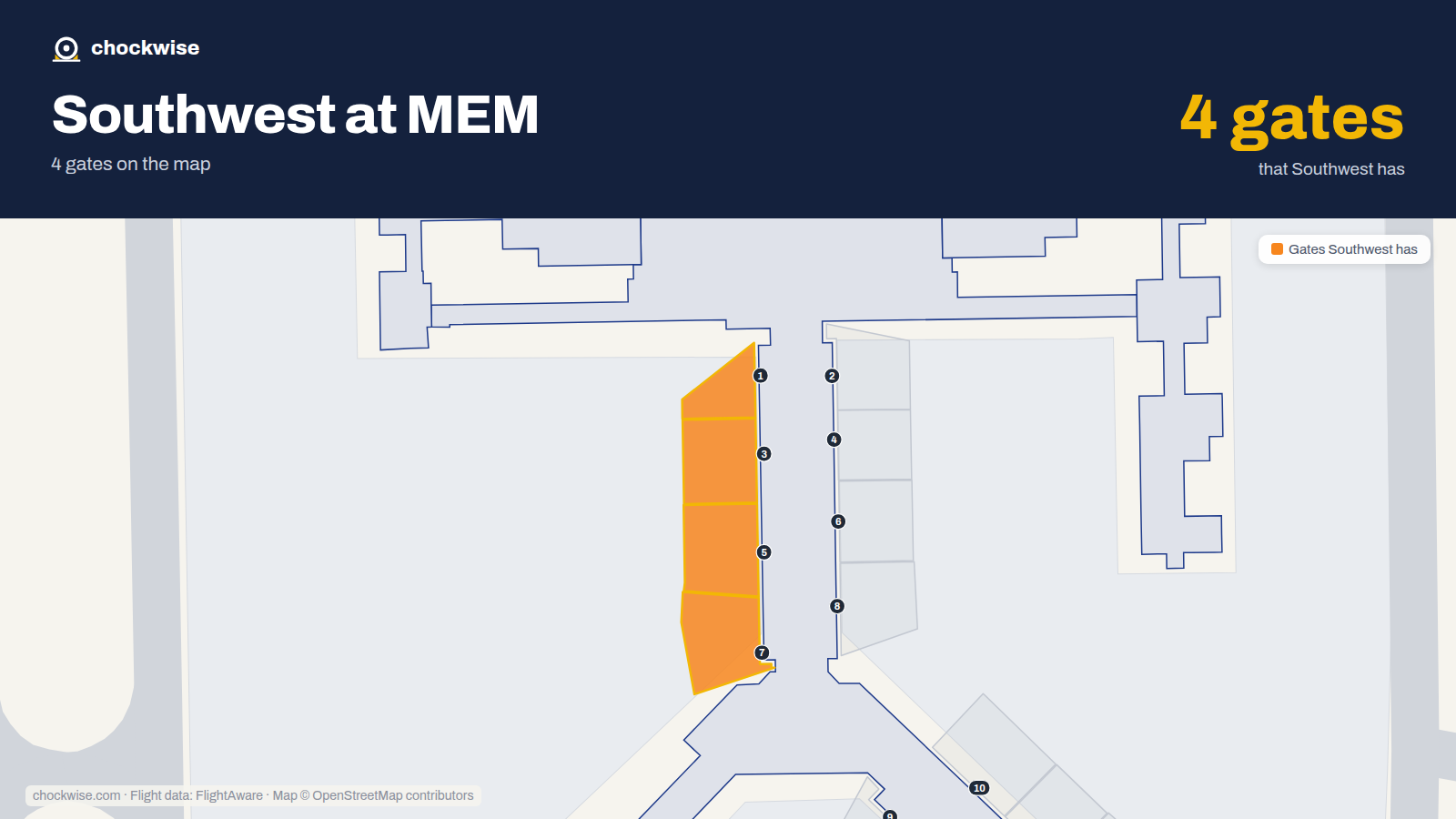 Map of MEM with the gates Southwest Airlines uses highlighted: 1, 3, 5 and 7.