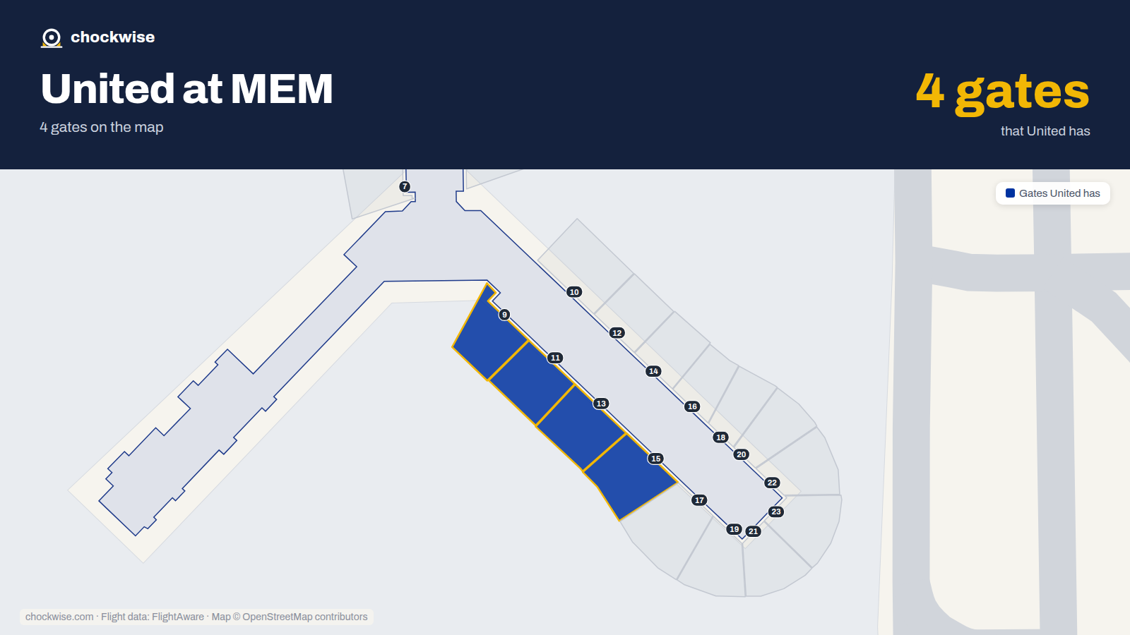 Map of MEM with the gates United Airlines uses highlighted: 9, 11, 13 and 15.