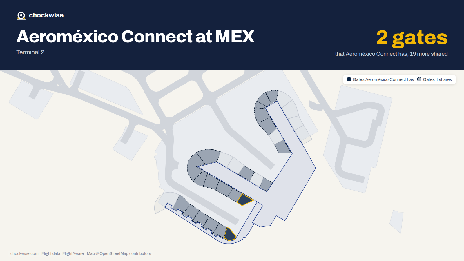 Map of MEX with the gates Aeroméxico Connect uses highlighted: 74 and 75.