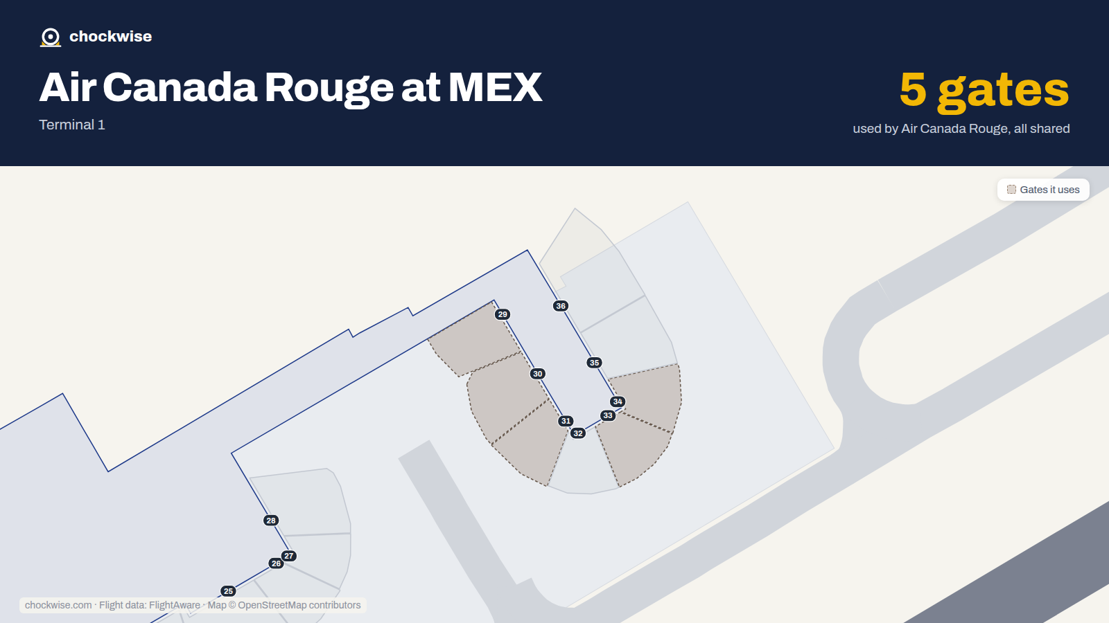 Map of MEX with the gates Air Canada Rouge uses highlighted: 29, 30, 31, 33 and 34.