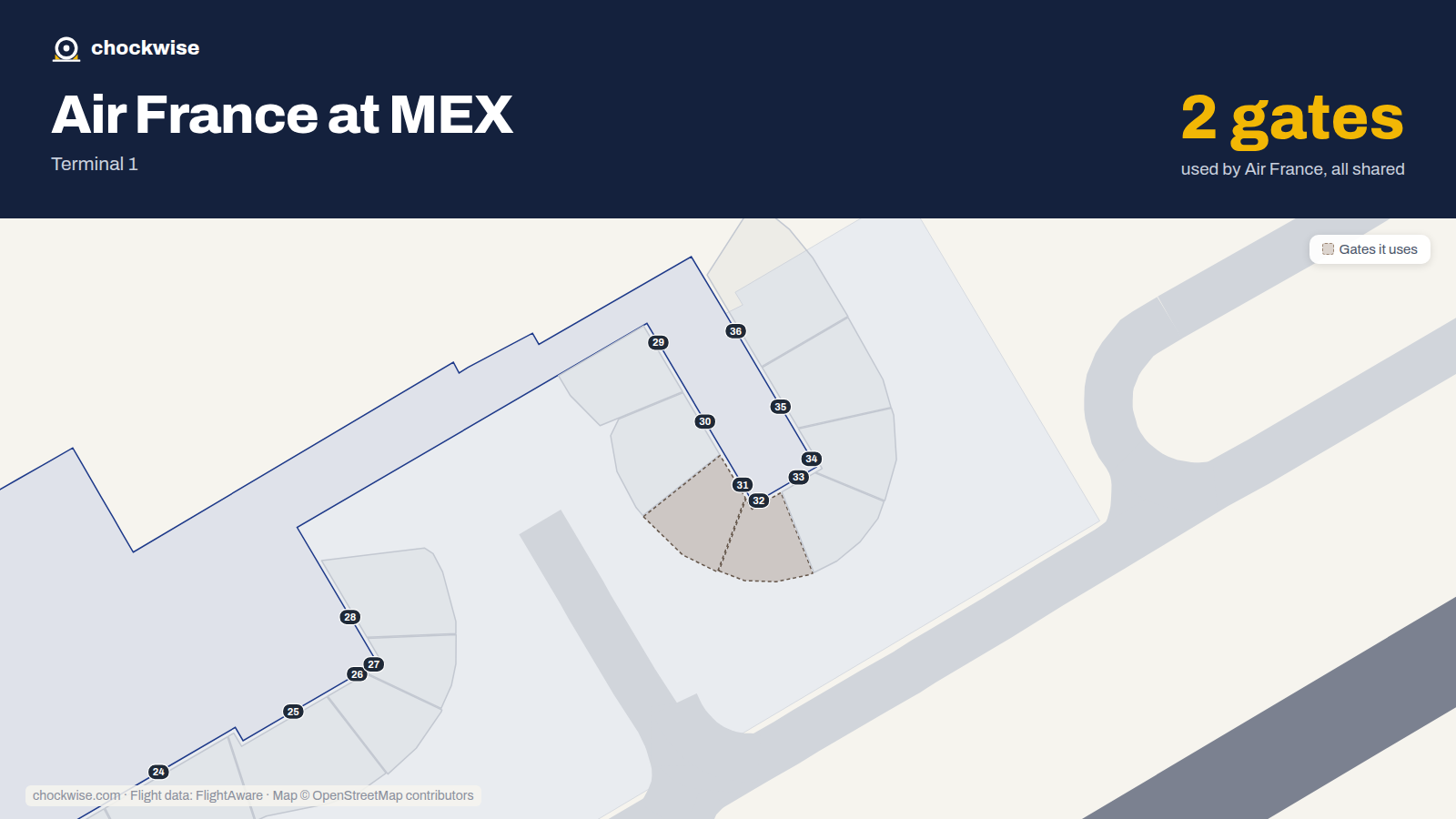 Map of MEX with the gates Air France uses highlighted: 31 and 32.
