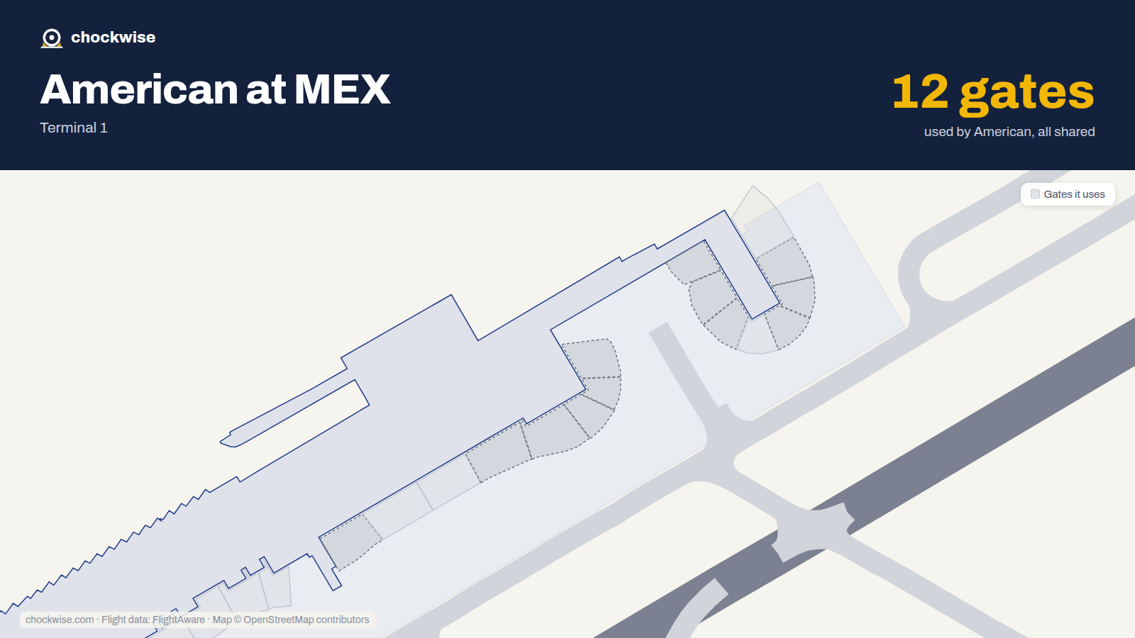 Map of MEX with the gates American Airlines uses highlighted: 21, 24, 25, 26, 27, 28, 29, 30 and 4 more.