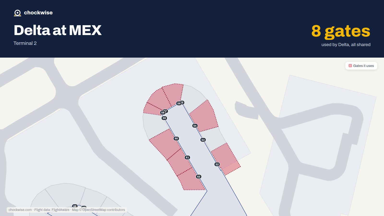 Map of MEX with the gates Delta Air Lines uses highlighted: 52, 54, 56, 57, 58, 60, 61 and 62.