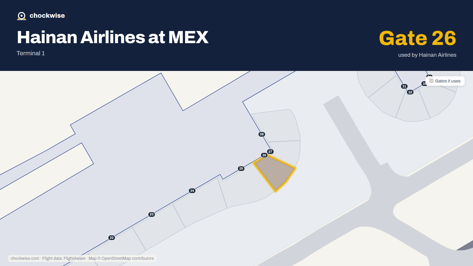 Map of MEX with the gates Hainan Airlines uses highlighted: 26.