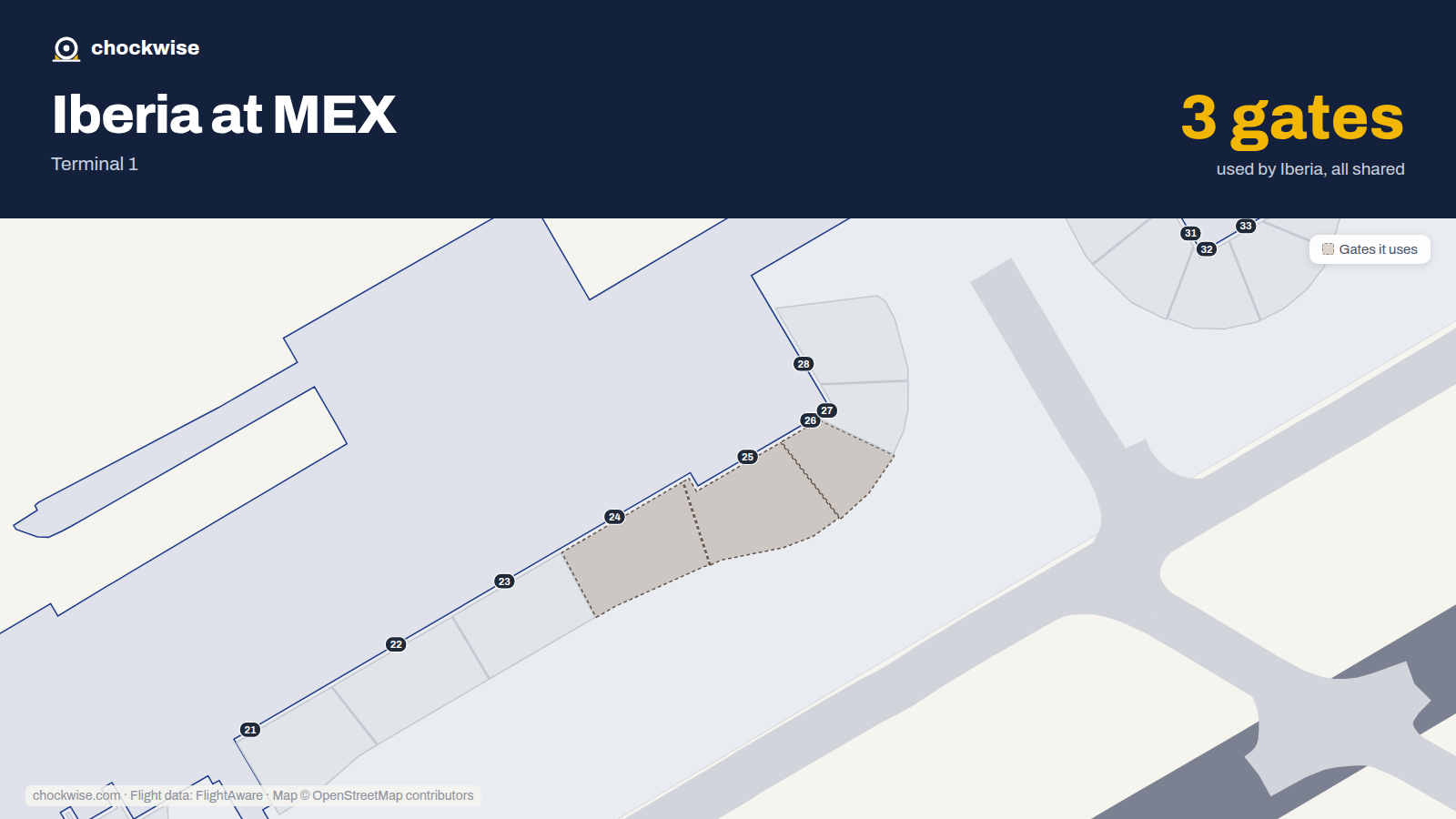 Map of MEX with the gates Iberia uses highlighted: 24, 25 and 26.