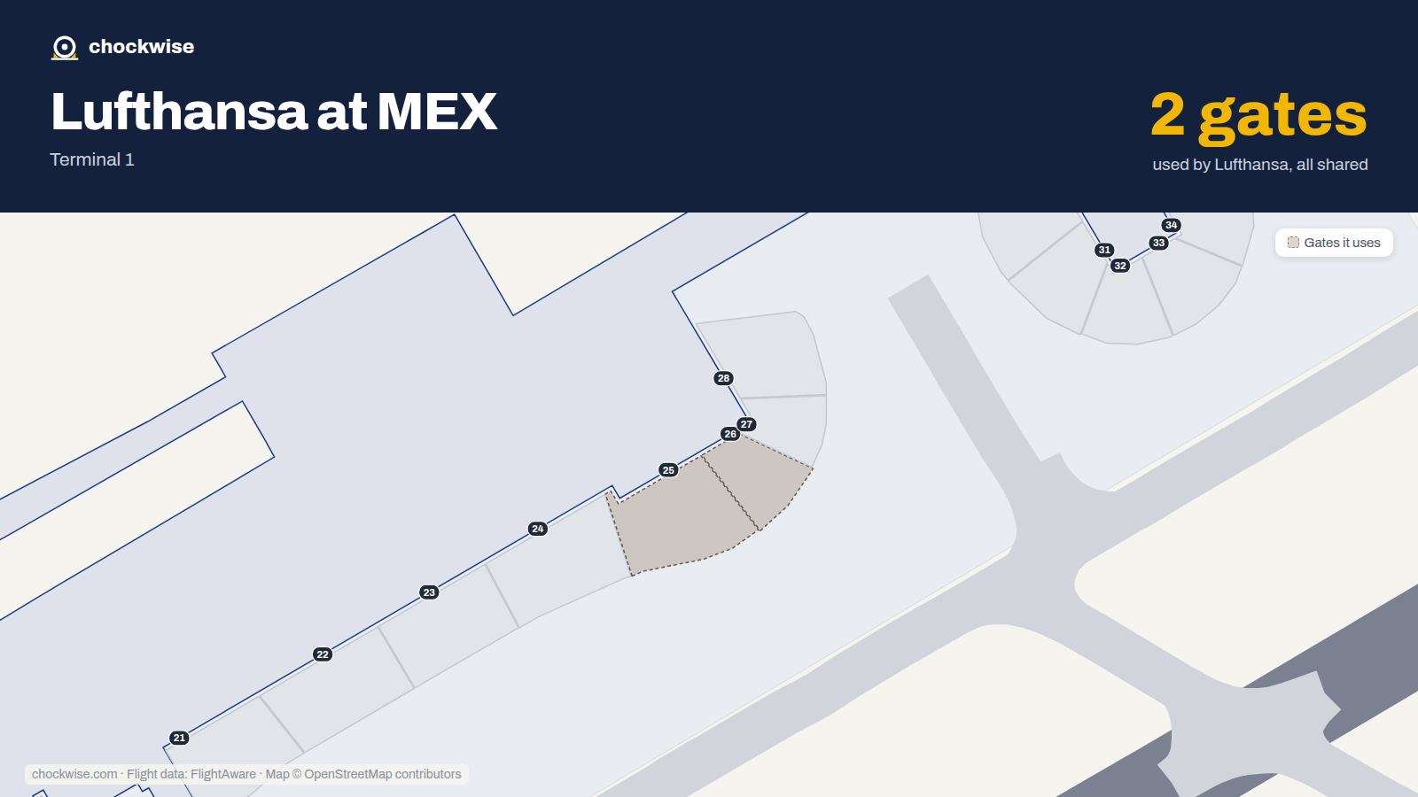 Map of MEX with the gates Lufthansa uses highlighted: 25 and 26.