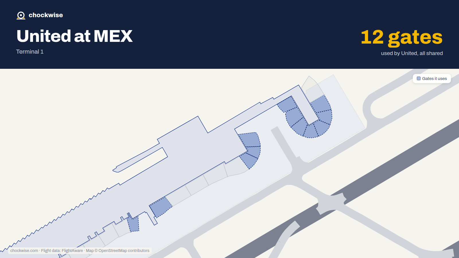 Map of MEX with the gates United Airlines uses highlighted: 19, 21, 26, 27, 28, 29, 30, 31 and 4 more.