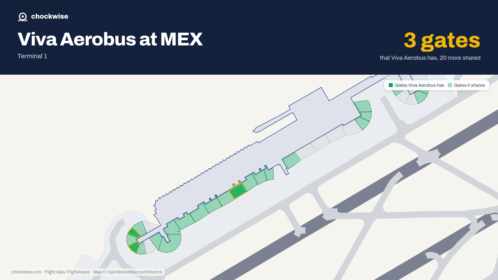 Map of MEX with the gates Viva Aerobus uses highlighted: 3, 5 and 16.