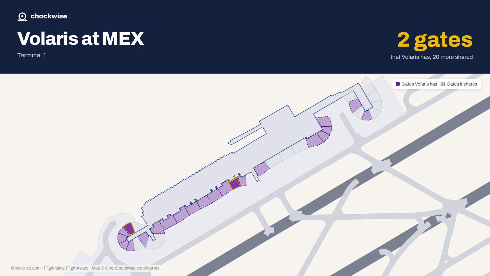Map of MEX with the gates Volaris uses highlighted: 2 and 18.