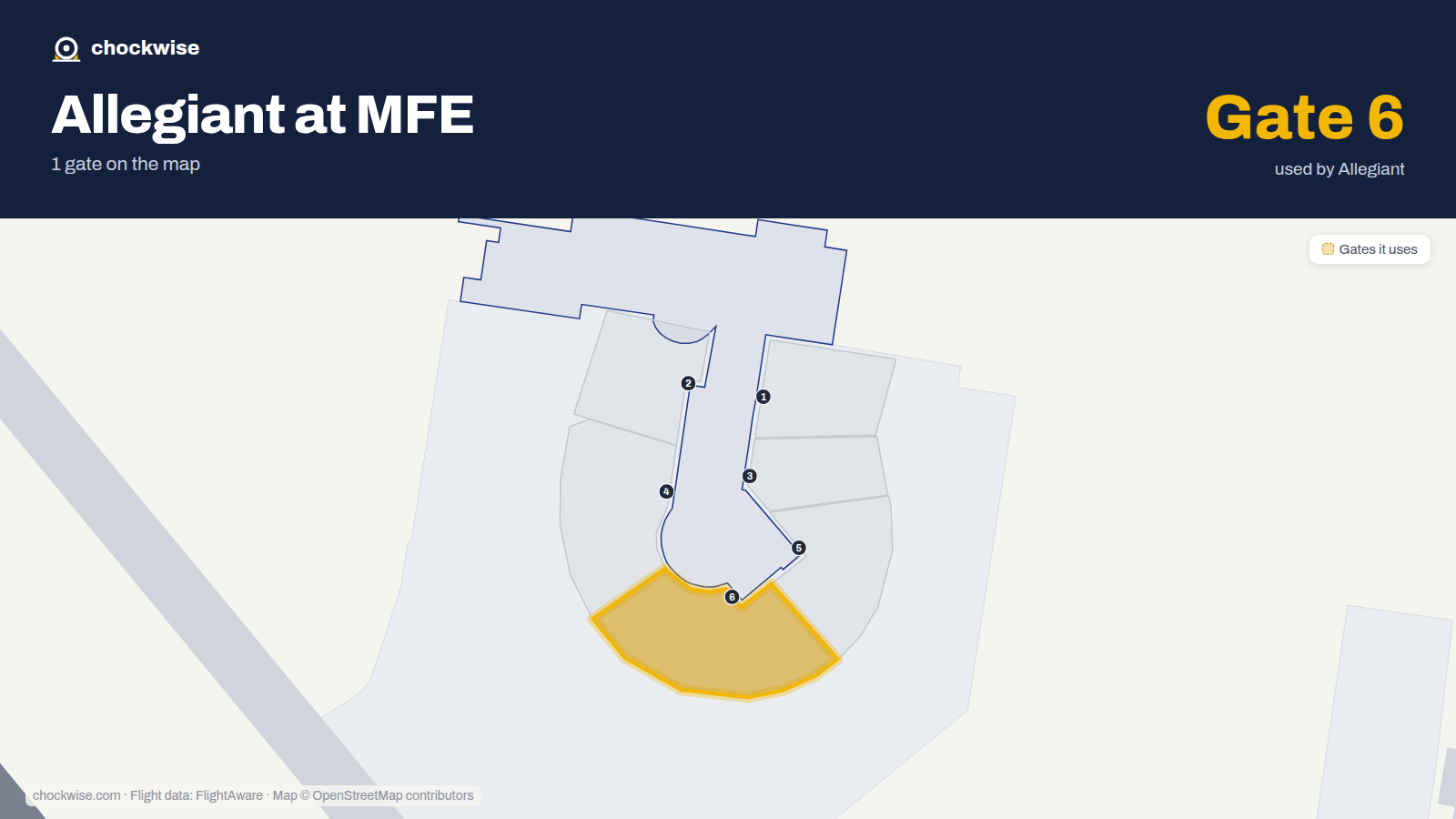 Map of MFE with the gates Allegiant Air uses highlighted: 6.