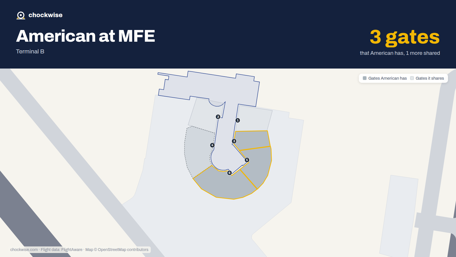 Map of MFE with the gates American Airlines uses highlighted: 3, 5 and 6.