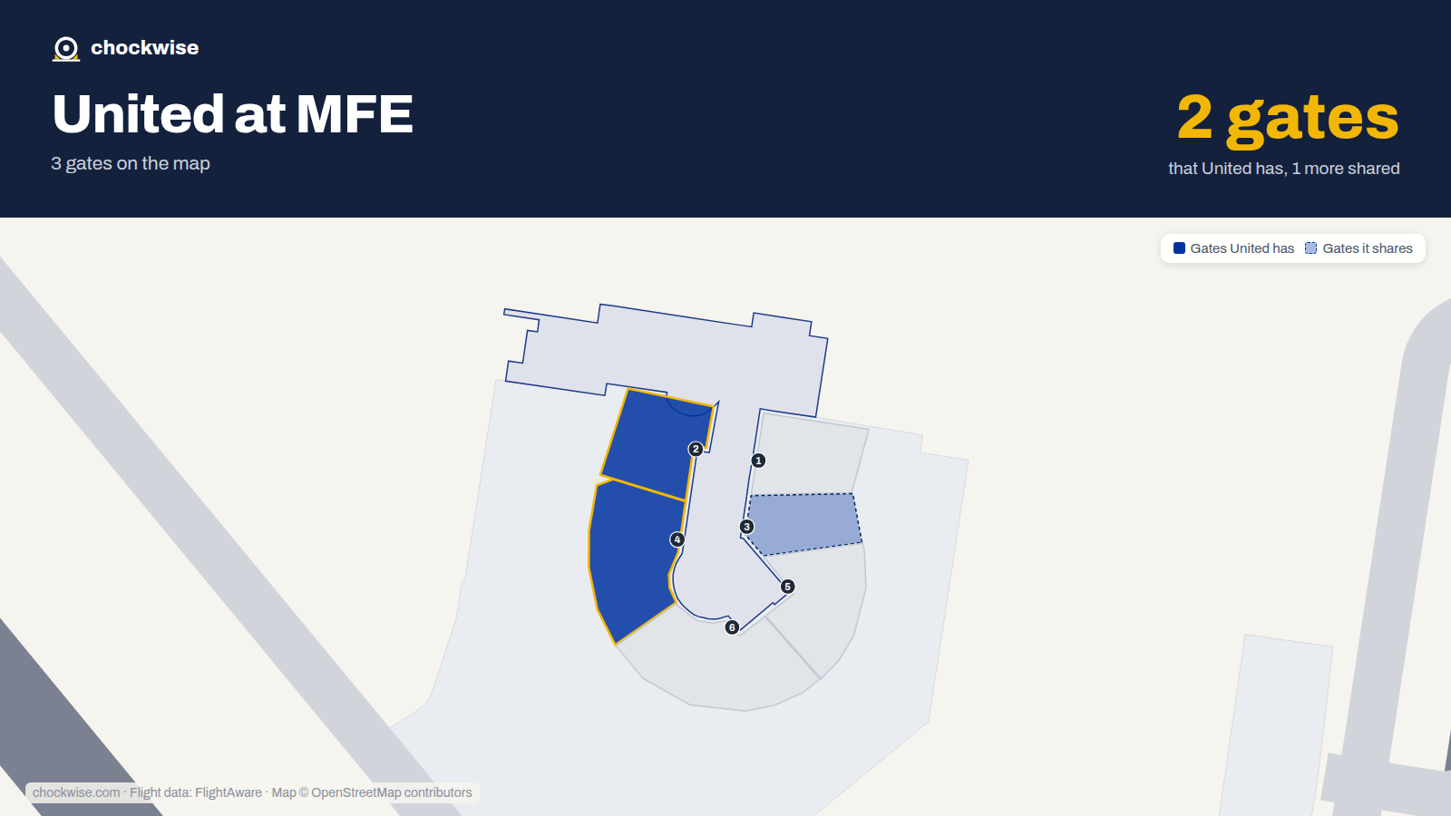 Map of MFE with the gates United Airlines uses highlighted: 2 and 4.