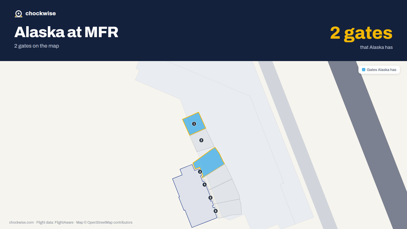 Map of MFR with the gates Alaska Airlines uses highlighted: 1 and 3.