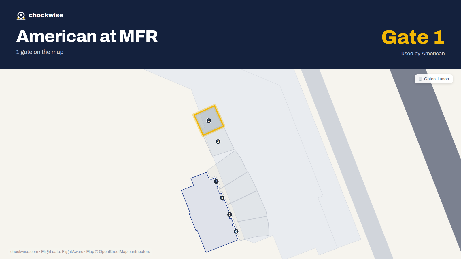 Map of MFR with the gates American Airlines uses highlighted: 1.