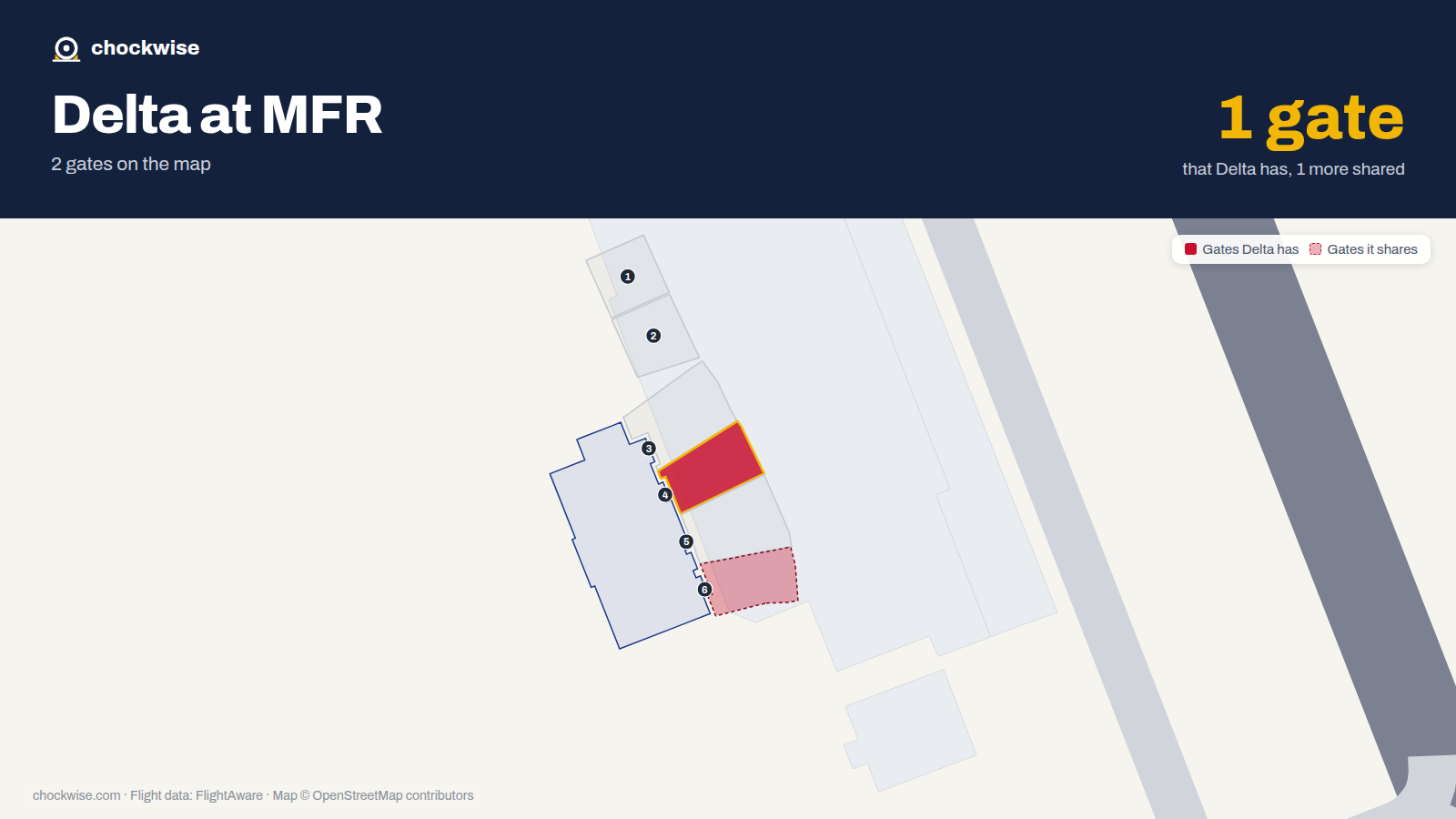 Map of MFR with the gates Delta Air Lines uses highlighted: 4.